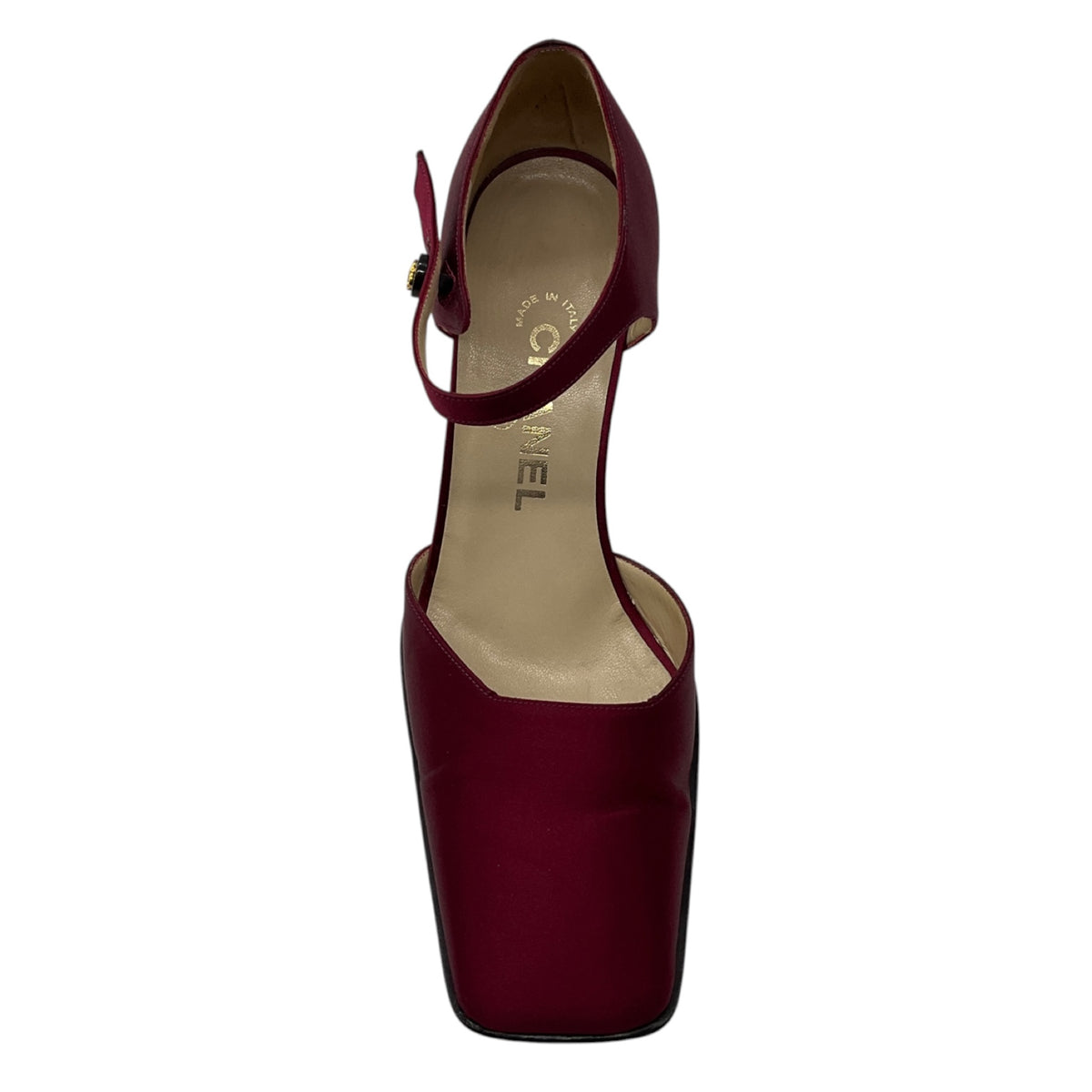 Chanel Burgundy Square Toe Satin Low Heel Pumps with CC Logo Ankle Strap
