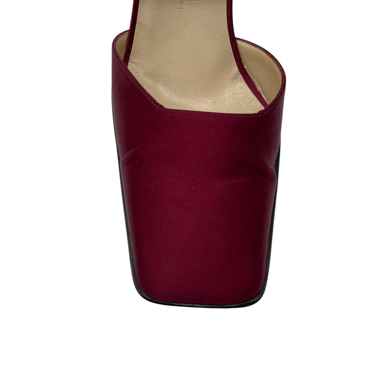 Chanel Burgundy Square Toe Satin Low Heel Pumps with CC Logo Ankle Strap