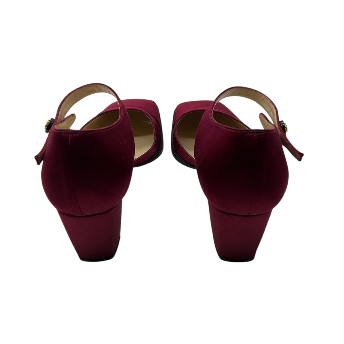 Chanel Burgundy Square Toe Satin Low Heel Pumps with CC Logo Ankle Strap
