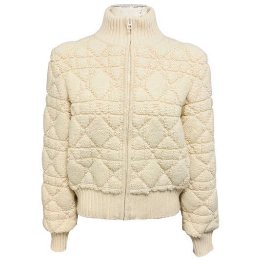 Christian Dior Ecru Wool and Cashmere Knit Macrocannage Zipped Cardigan Sweater