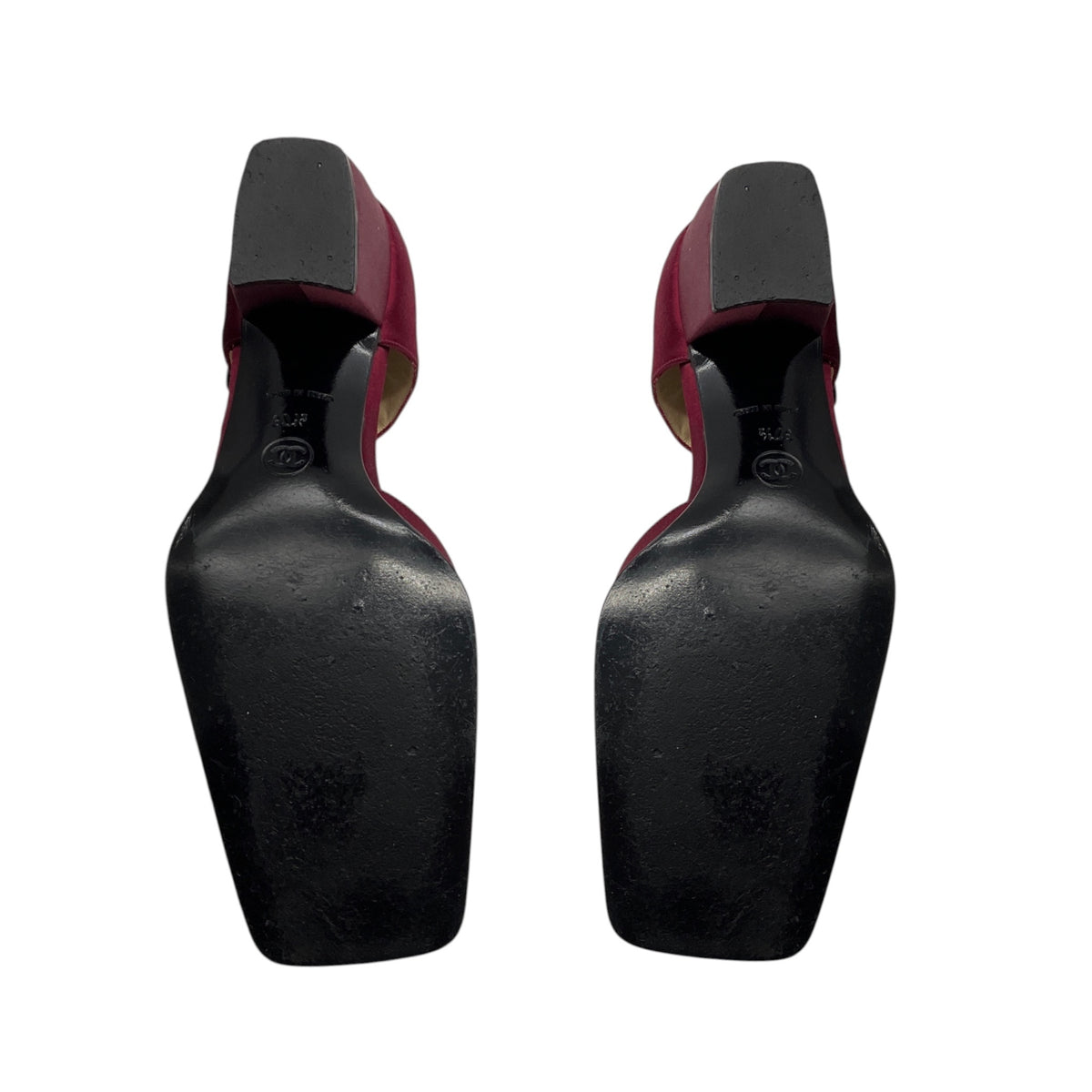 Chanel Burgundy Square Toe Satin Low Heel Pumps with CC Logo Ankle Strap