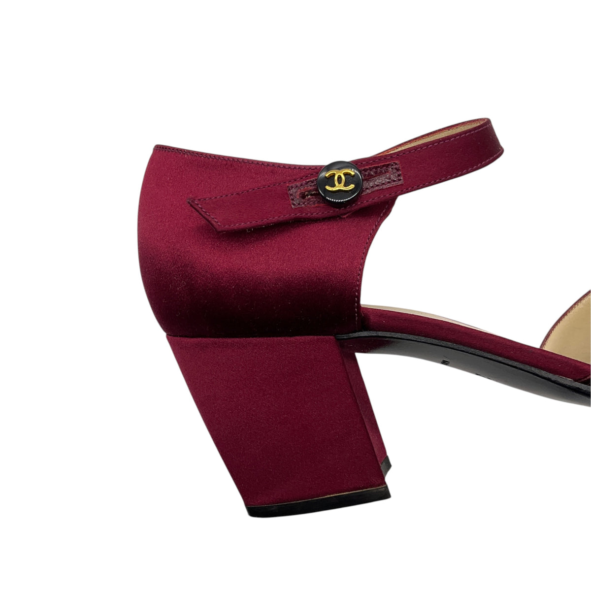 Chanel Burgundy Square Toe Satin Low Heel Pumps with CC Logo Ankle Strap