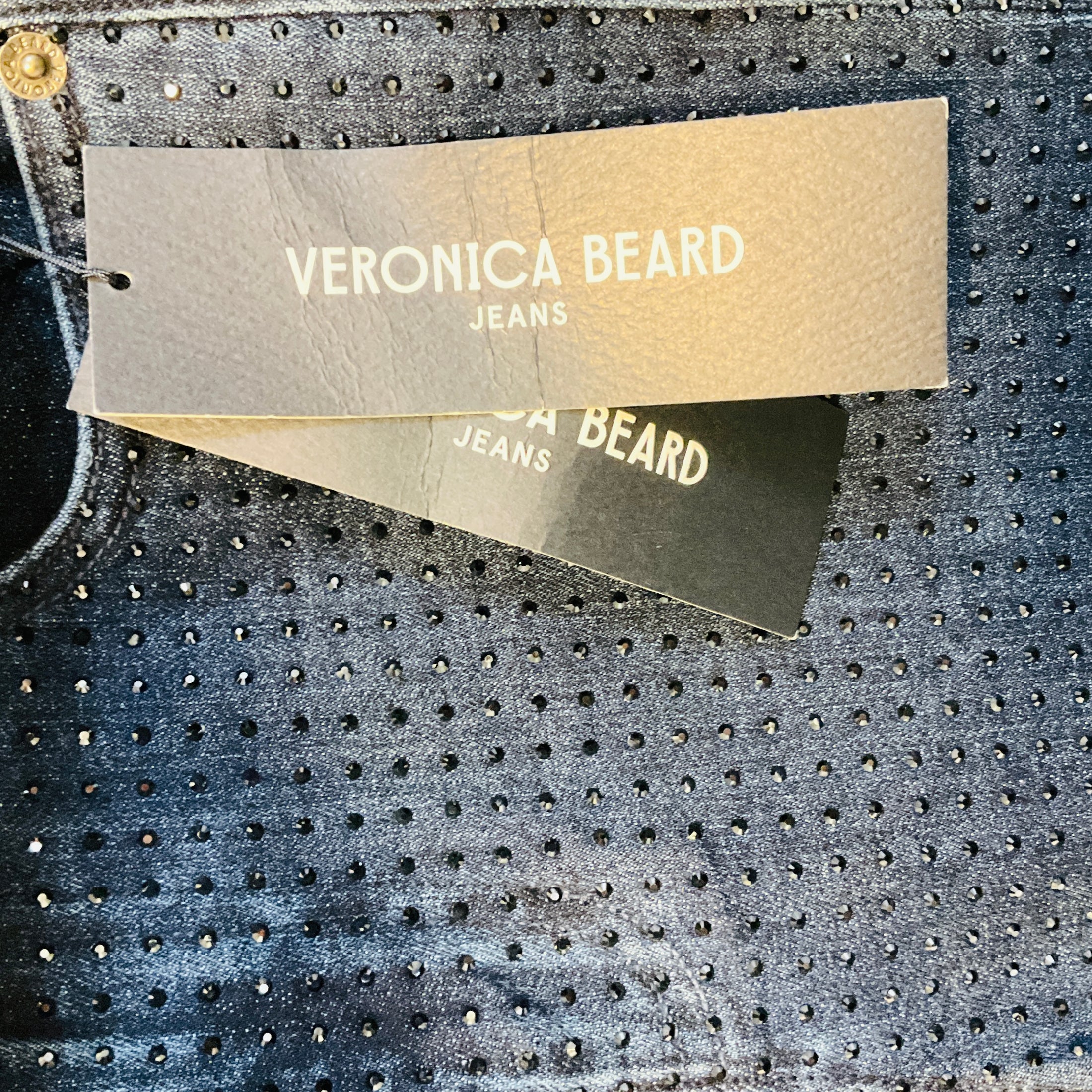 Veronica Beard Indigo Rinse Crosbie High Rise Wide Leg Jeans with Rhinestones