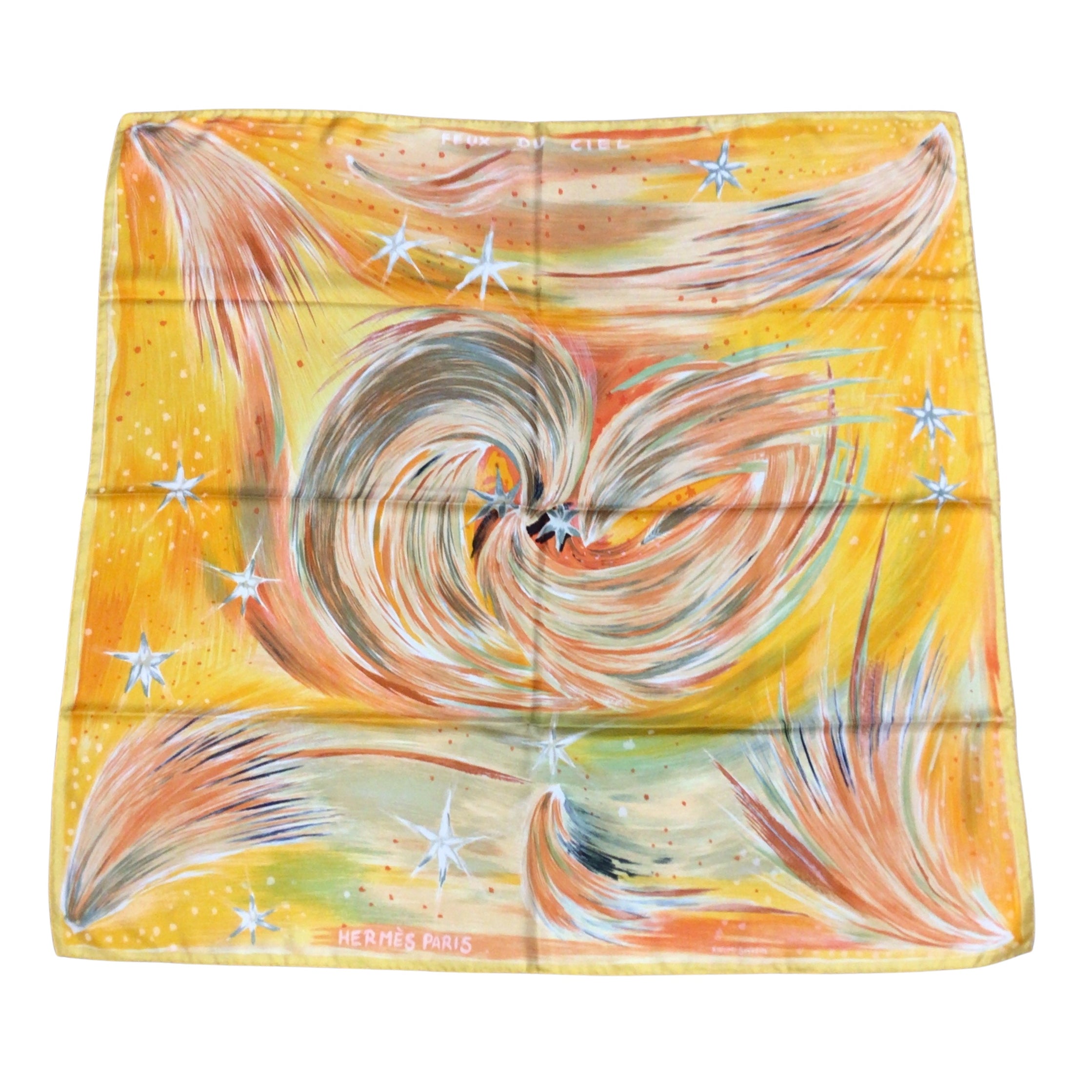 Hermes Yellow / Orange Multi Feux du Ciel Square Silk Scarf