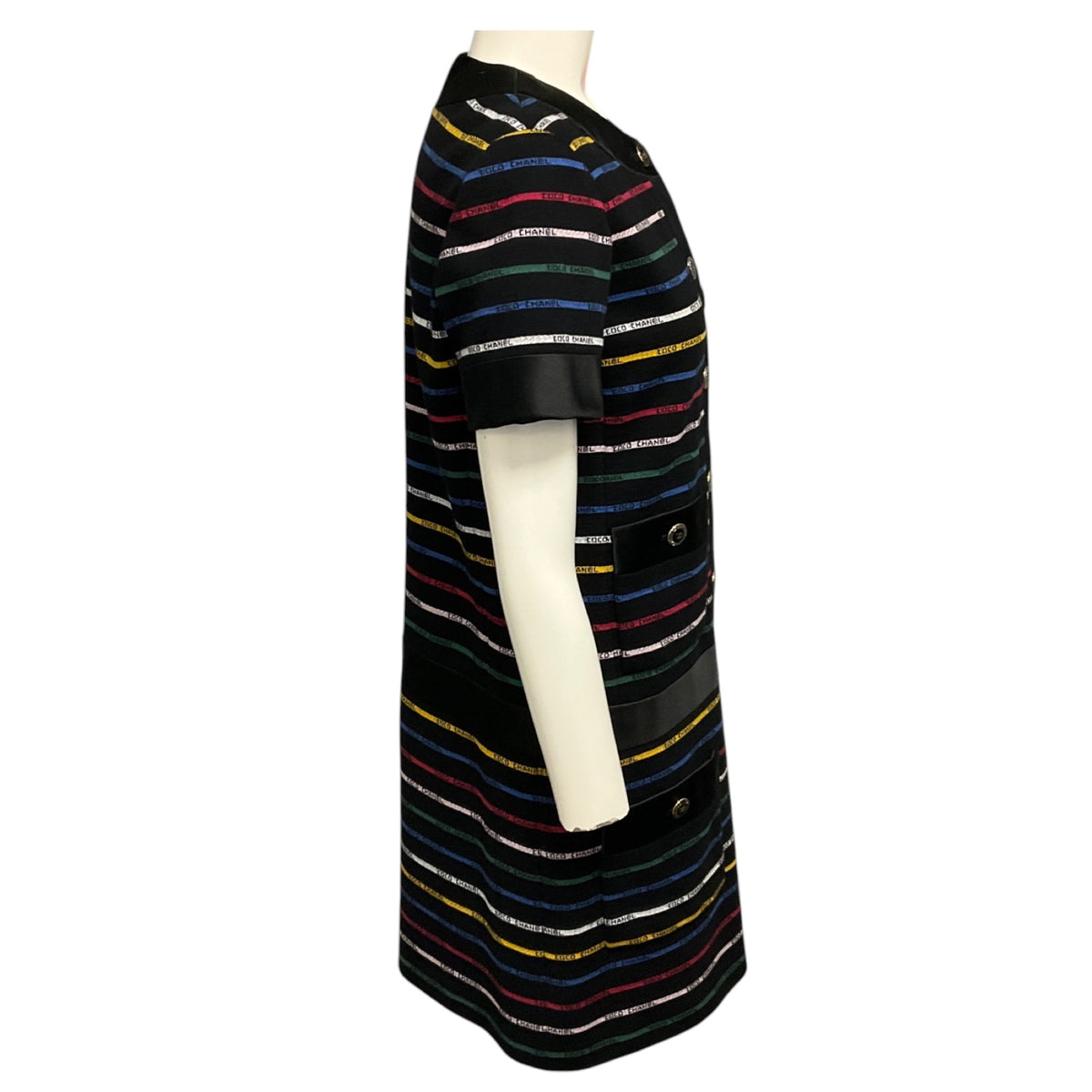 Chanel Black Multicolor 2022 Logo Stripe Knit Mini Dress with CC Logo Buttons