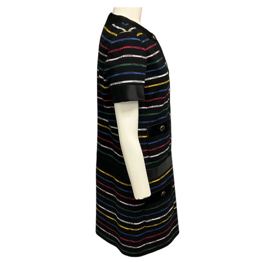Chanel Black Multicolor 2022 Logo Stripe Knit Mini Dress with CC Logo Buttons