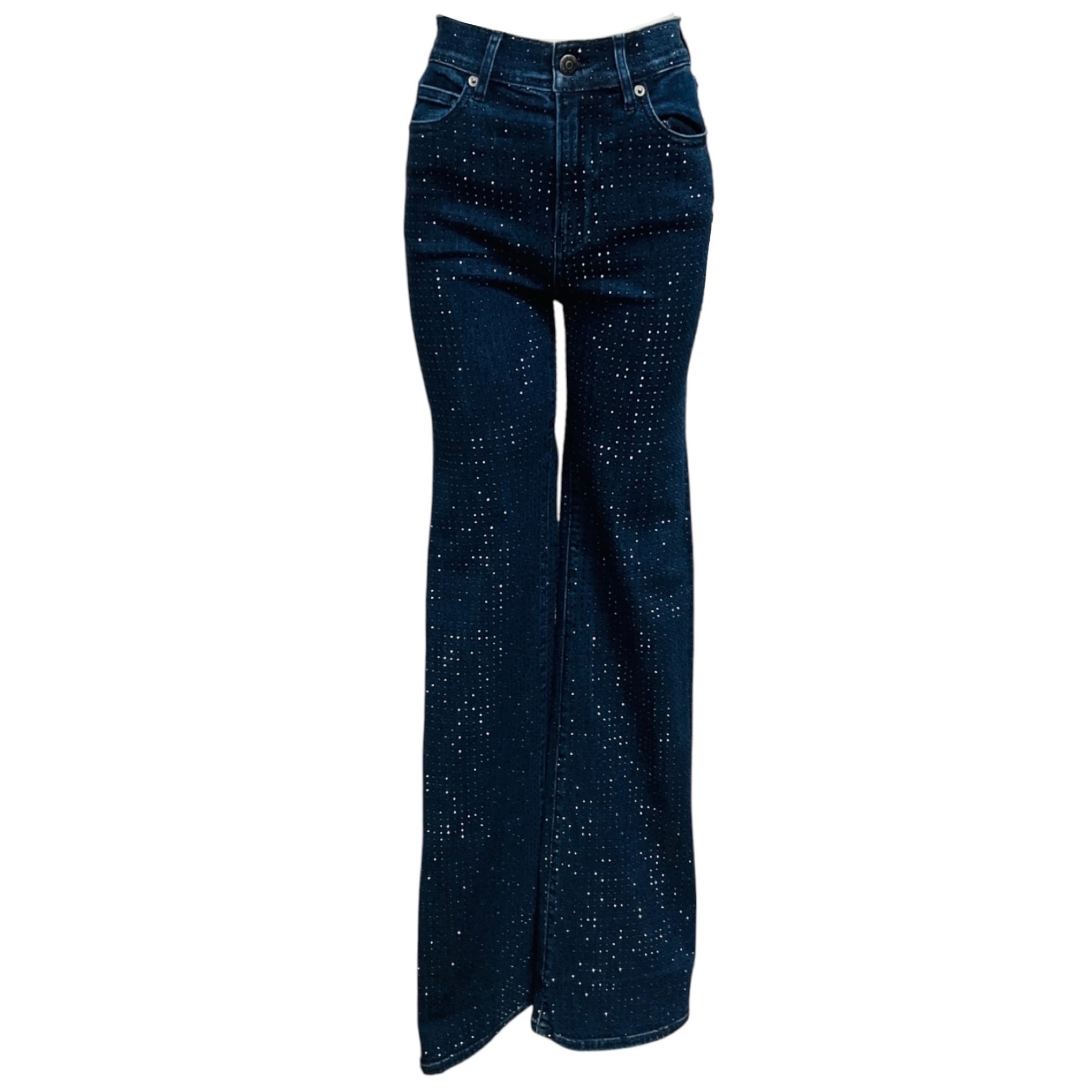 Veronica Beard Indigo Rinse Crosbie High Rise Wide Leg Jeans with Rhinestones