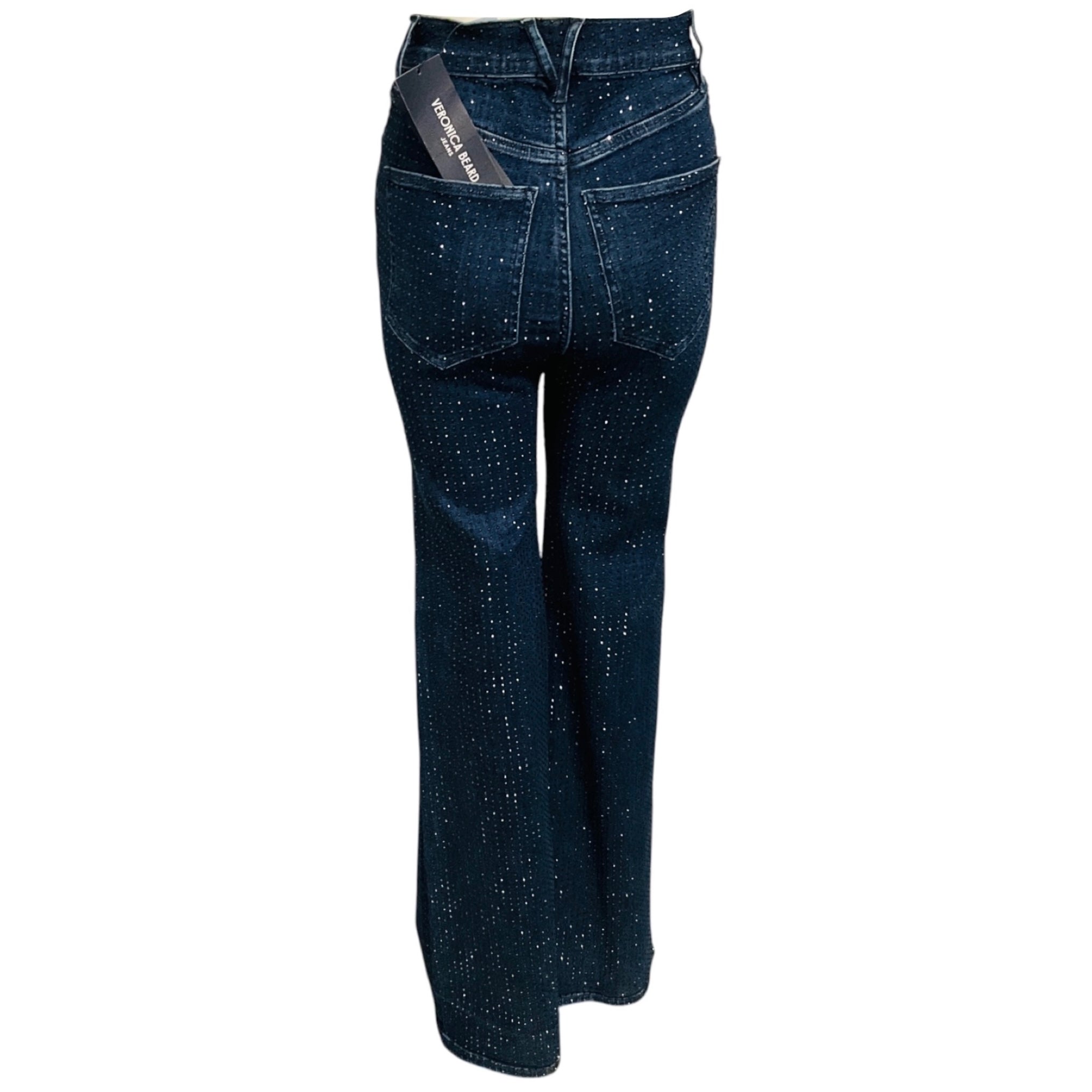 Veronica Beard Indigo Rinse Crosbie High Rise Wide Leg Jeans with Rhinestones