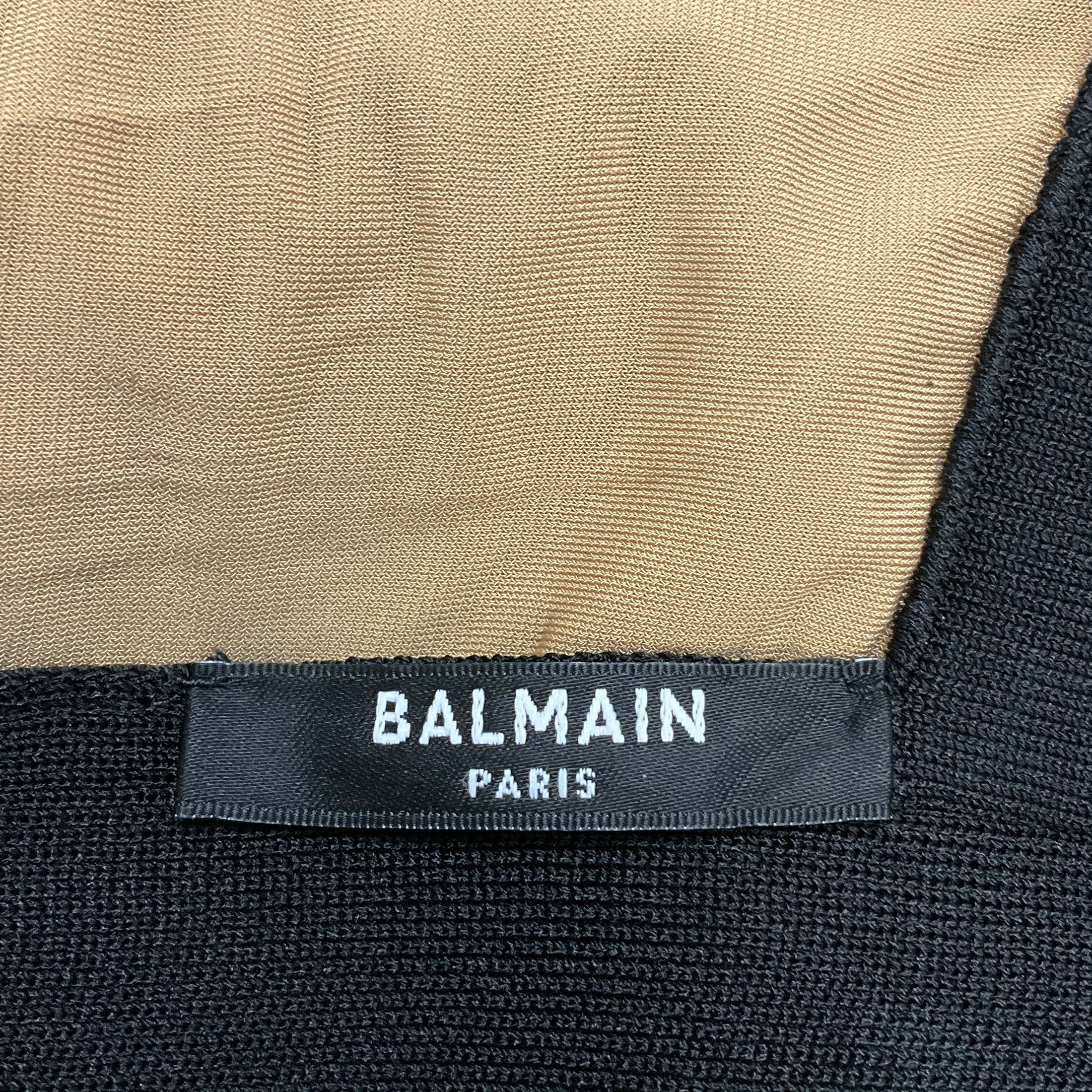 Balmain Black / Nude Monogram Mesh Tulle Bodysuit with Shoulder Pads