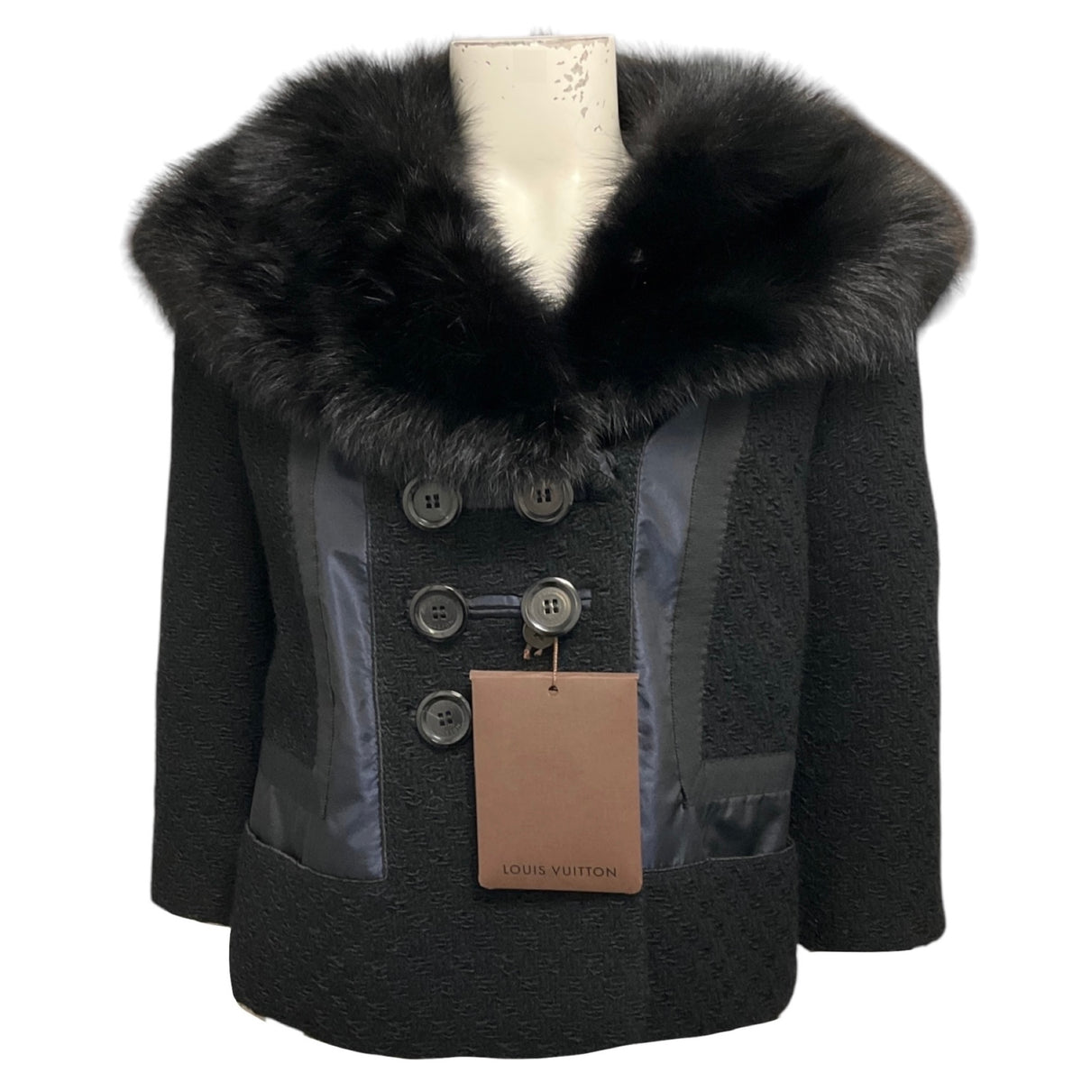 Louis Vuitton Black / Navy Blue Silk Trimmed Wool Jacket with Fur Collar