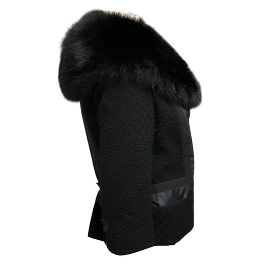 Louis Vuitton Black / Navy Blue Silk Trimmed Wool Jacket with Fur Collar