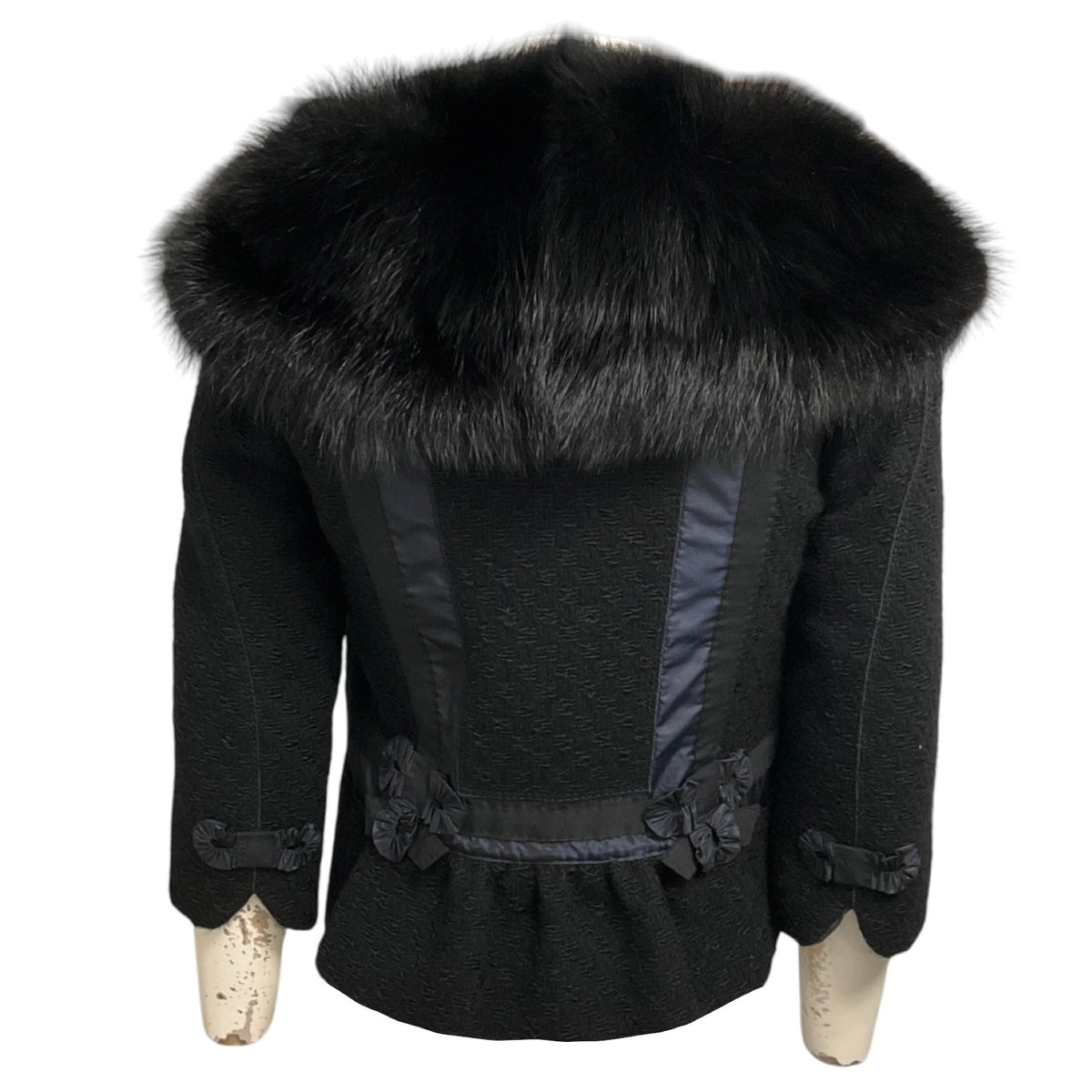 Louis Vuitton Black / Navy Blue Silk Trimmed Wool Jacket with Fur Collar