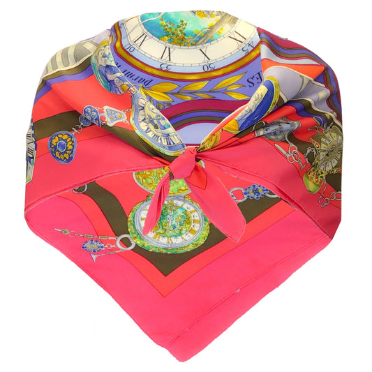 Hermes Fuchsia Pink / Red Multi La Ronde des Heures Square Silk Twill Scarf