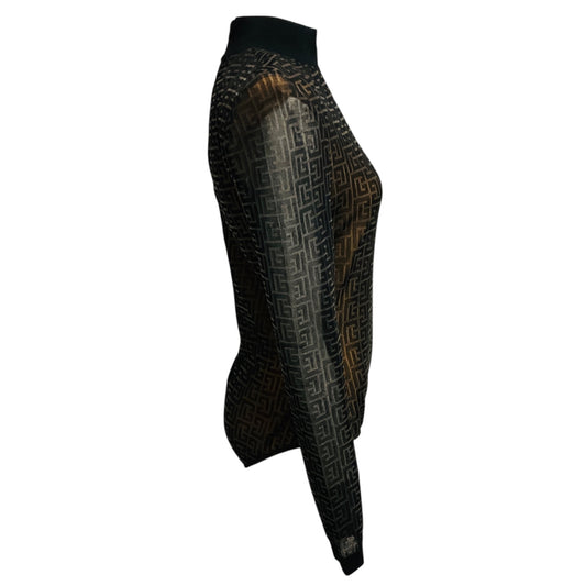 Balmain Black / Nude Monogram Mesh Tulle Bodysuit with Shoulder Pads
