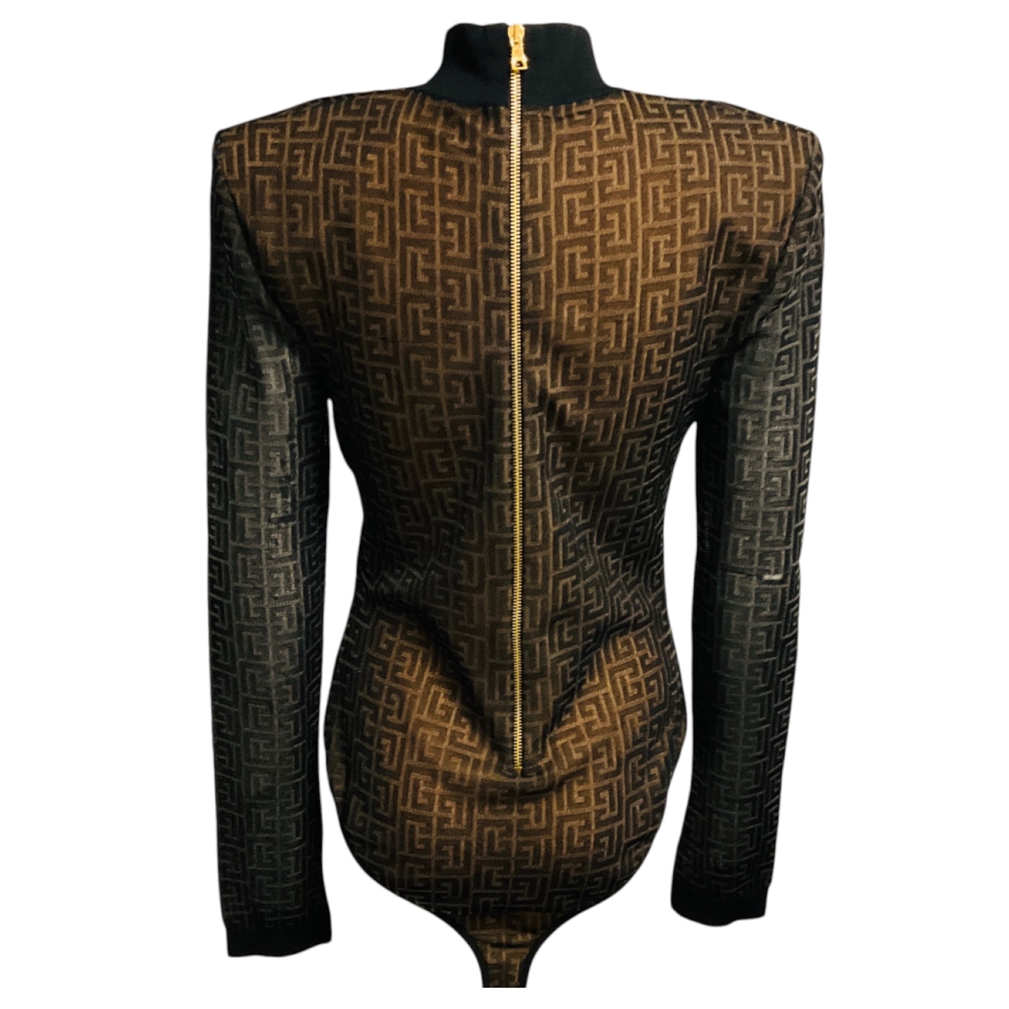 Balmain Black / Nude Monogram Mesh Tulle Bodysuit with Shoulder Pads