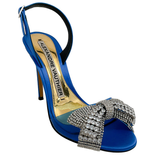 Alexandre Vauthier Cobalt Blue Satin Slingback Sandals with Crystal Embellished Bow
