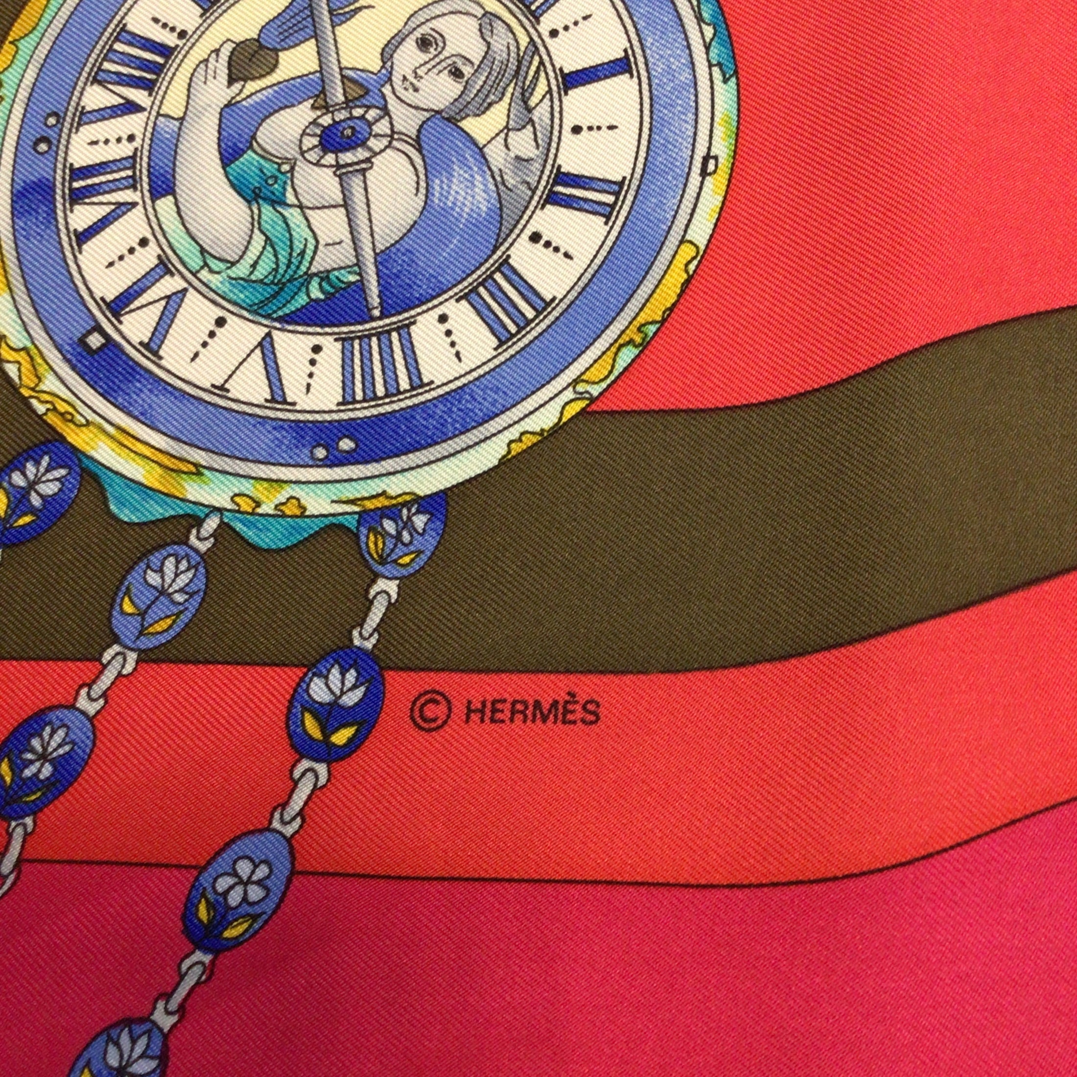 Hermes Fuchsia Pink / Red Multi La Ronde des Heures Square Silk Twill Scarf