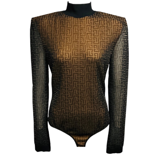 Balmain Black / Nude Monogram Mesh Tulle Bodysuit with Shoulder Pads