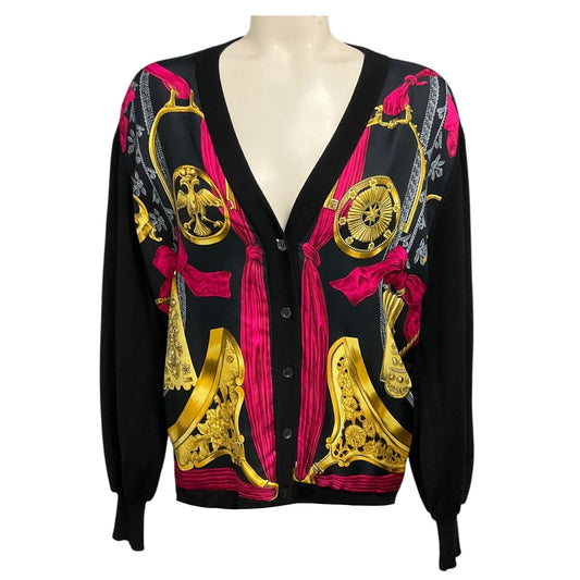 Hermes Black / Pink / Gold Multi Silk Scarf Print Cashmere and Silk Knit Cardigan Sweater
