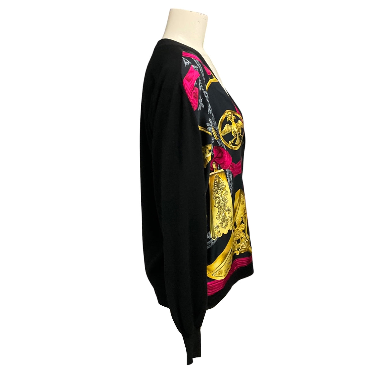 Hermes Black / Pink / Gold Multi Silk Scarf Print Cashmere and Silk Knit Cardigan Sweater