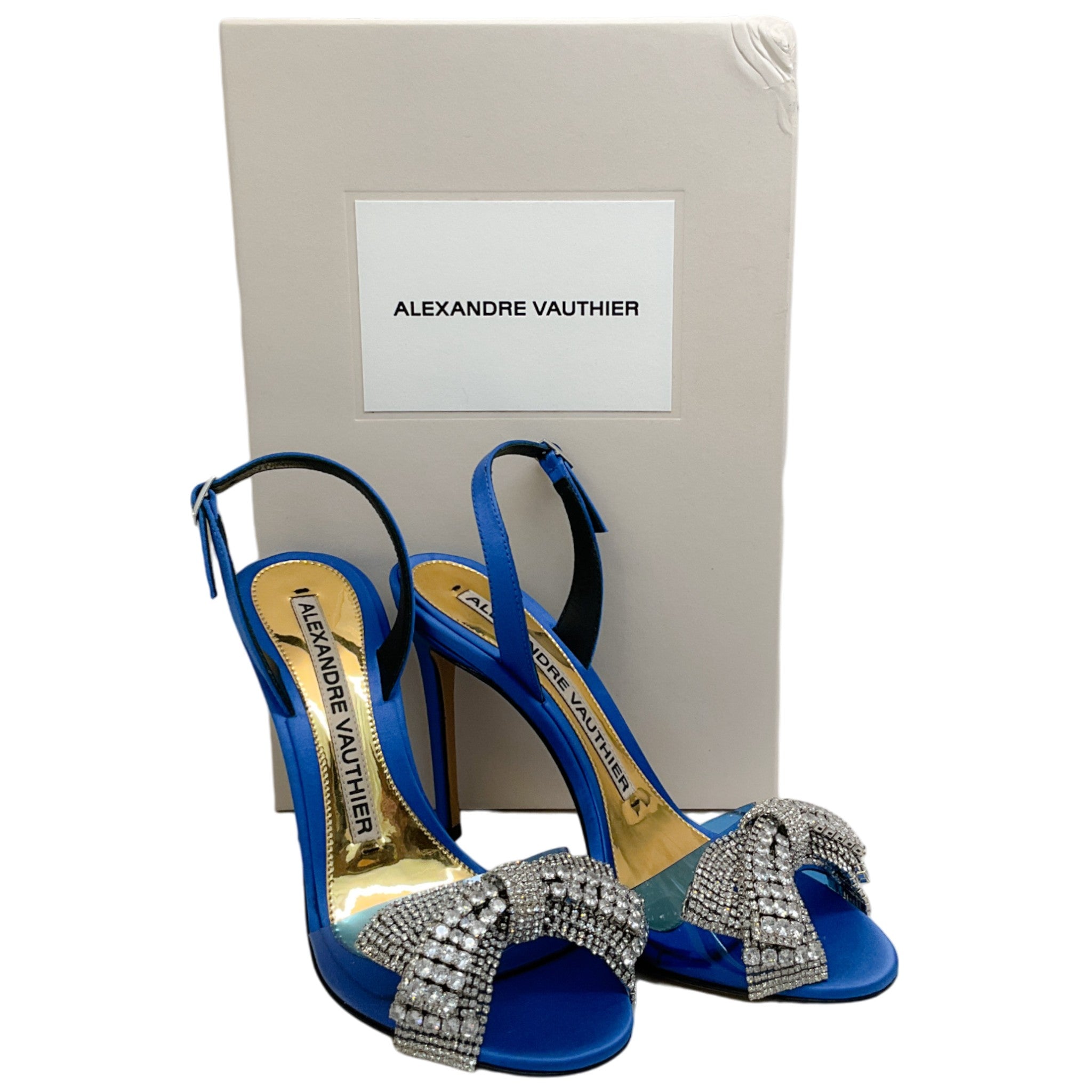Alexandre Vauthier Cobalt Blue Satin Slingback Sandals with Crystal Embellished Bow