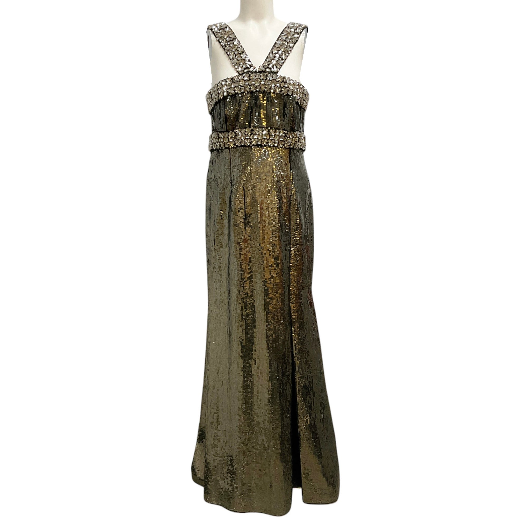 Carolina Herrera Pewter Metallic Sequin and Crystal Embellished Gown / Formal Dress