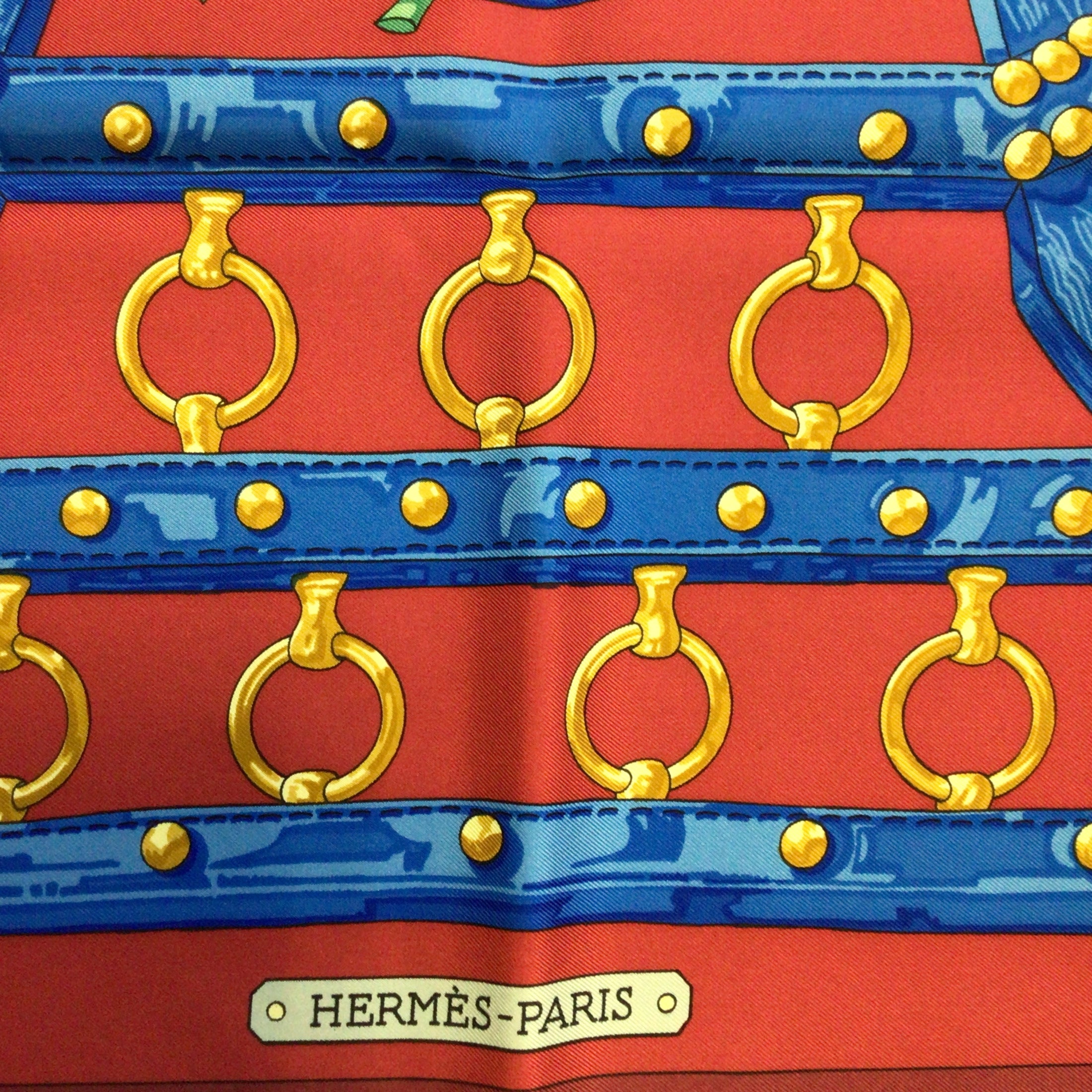 Hermes Red / Blue Multi Aux Champs Square Silk Twill Scarf