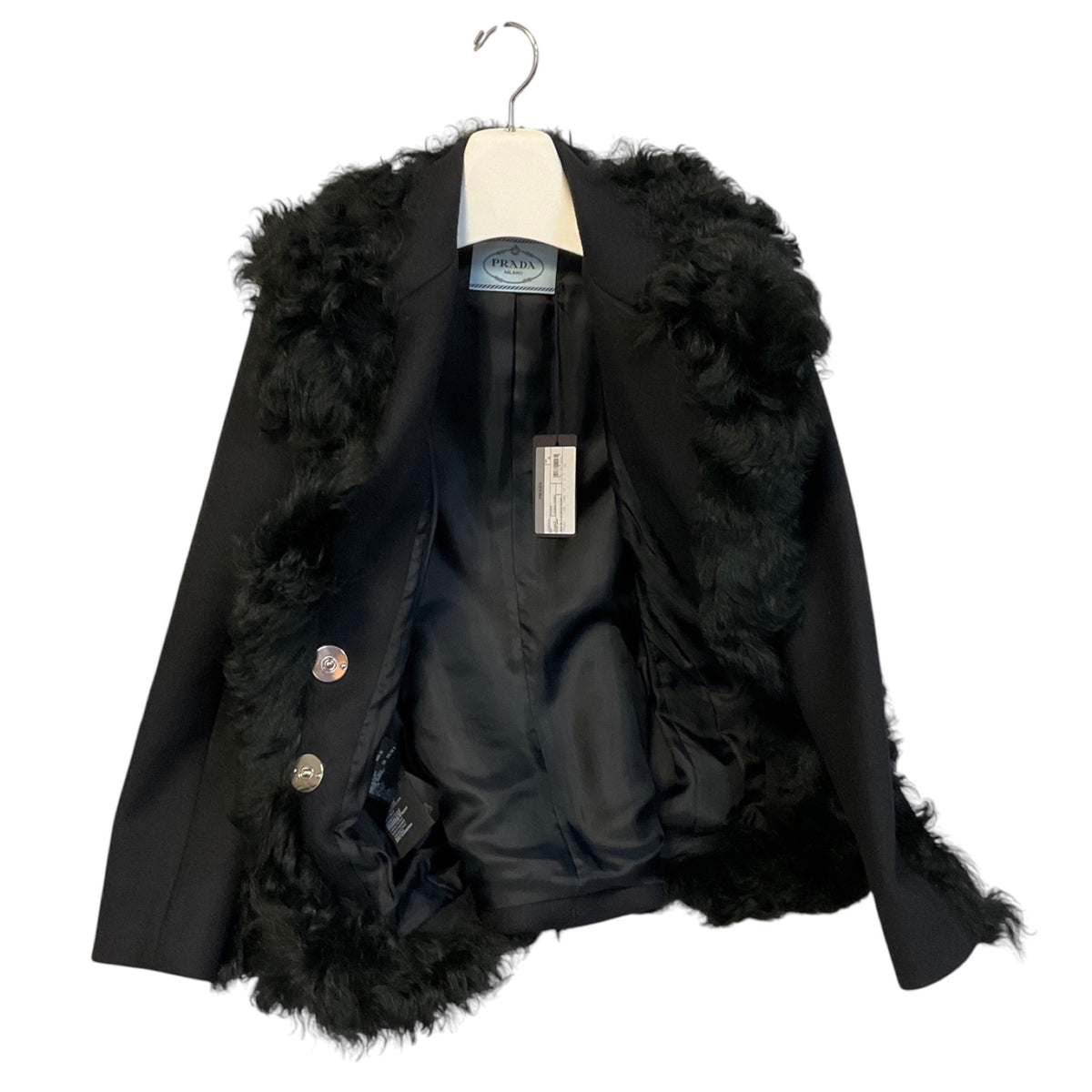 Prada Black Double Stretch Wool Giacca Jacket with Fur Trim