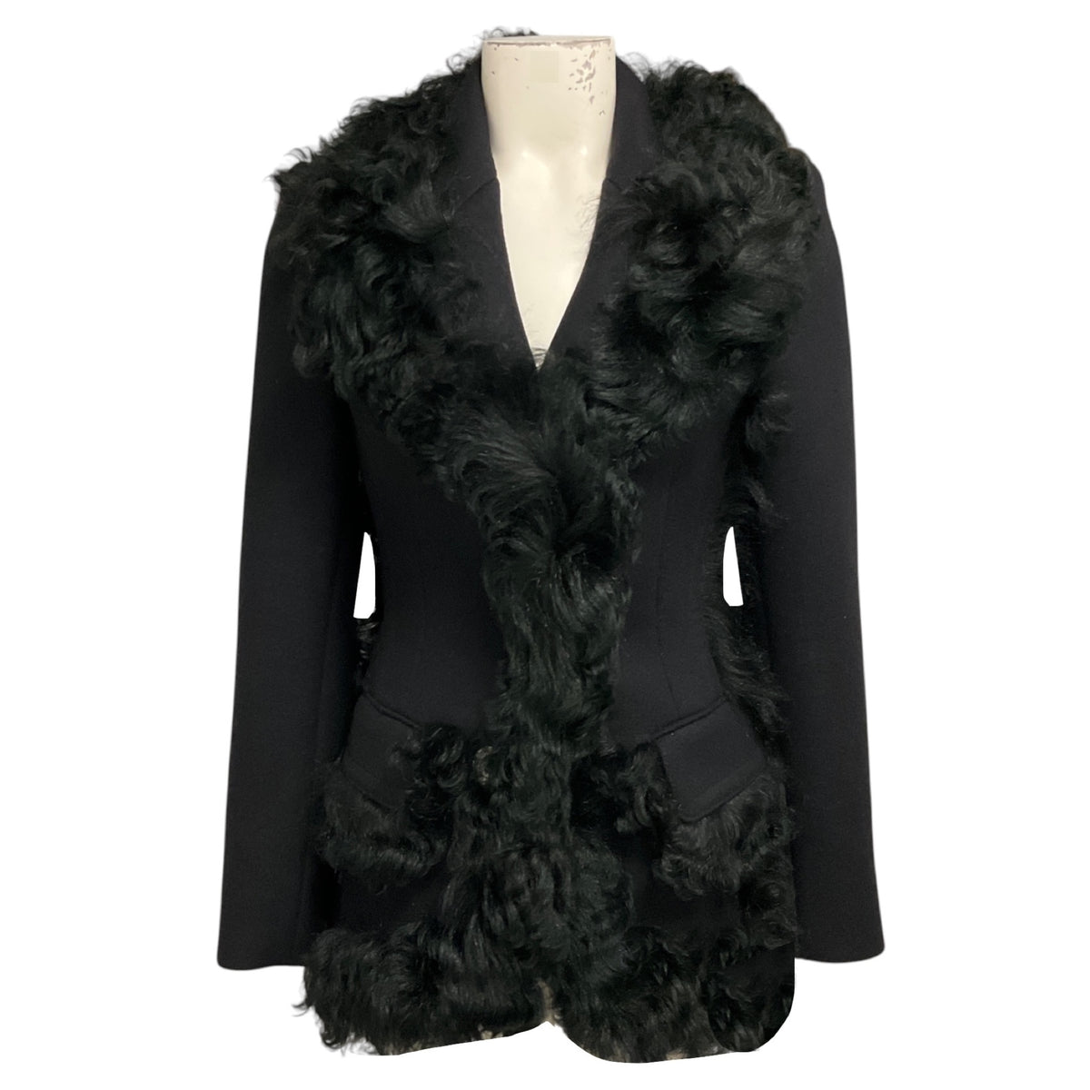 Prada Black Double Stretch Wool Giacca Jacket with Fur Trim