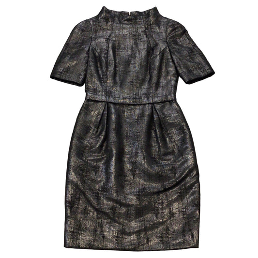 J. Mendel Charcoal Grey / Black Lace Trimmed Metallic Short Sleeved Jacquard Dress