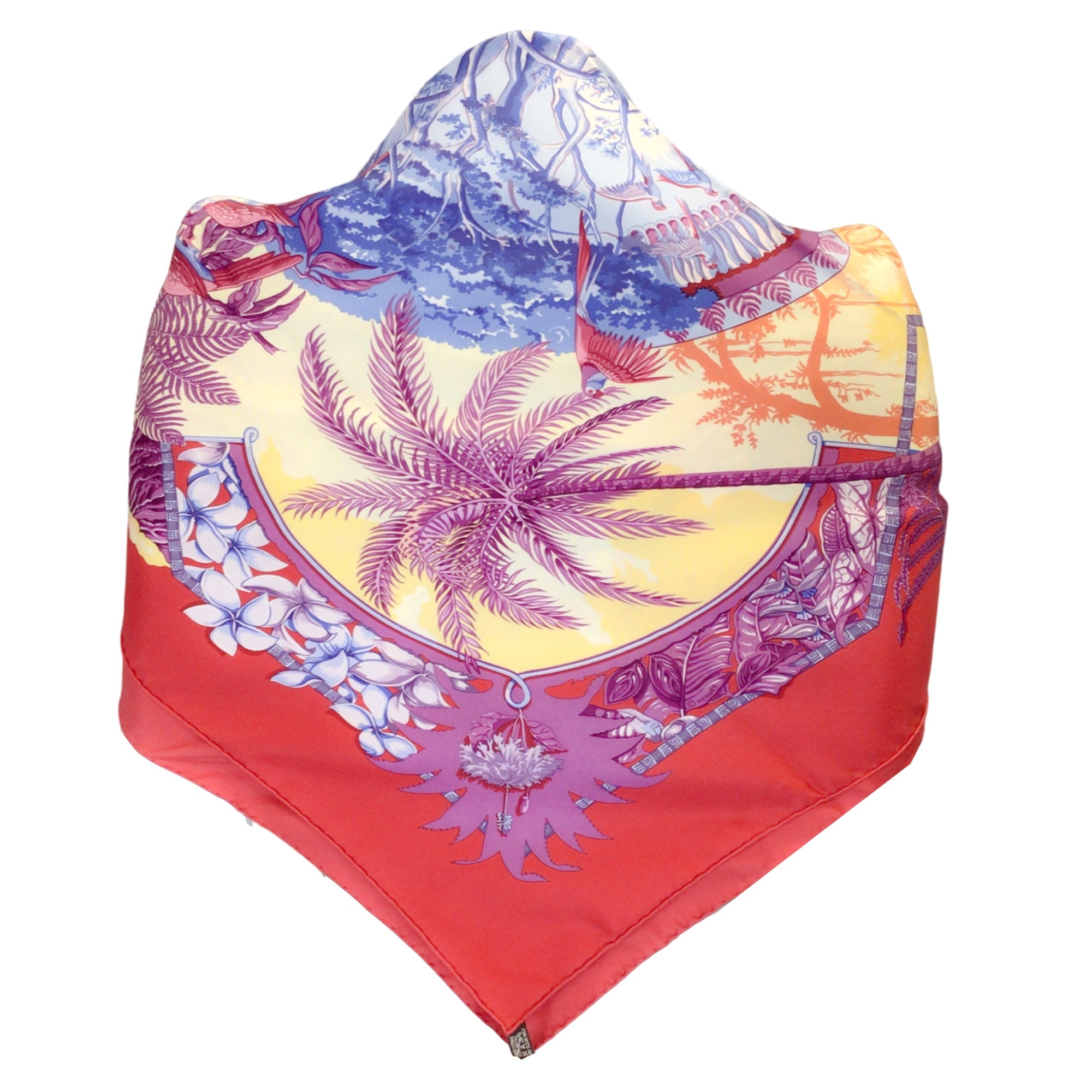 Hermes Red / Purple Multi Aloha Square Silk Twill Scarf