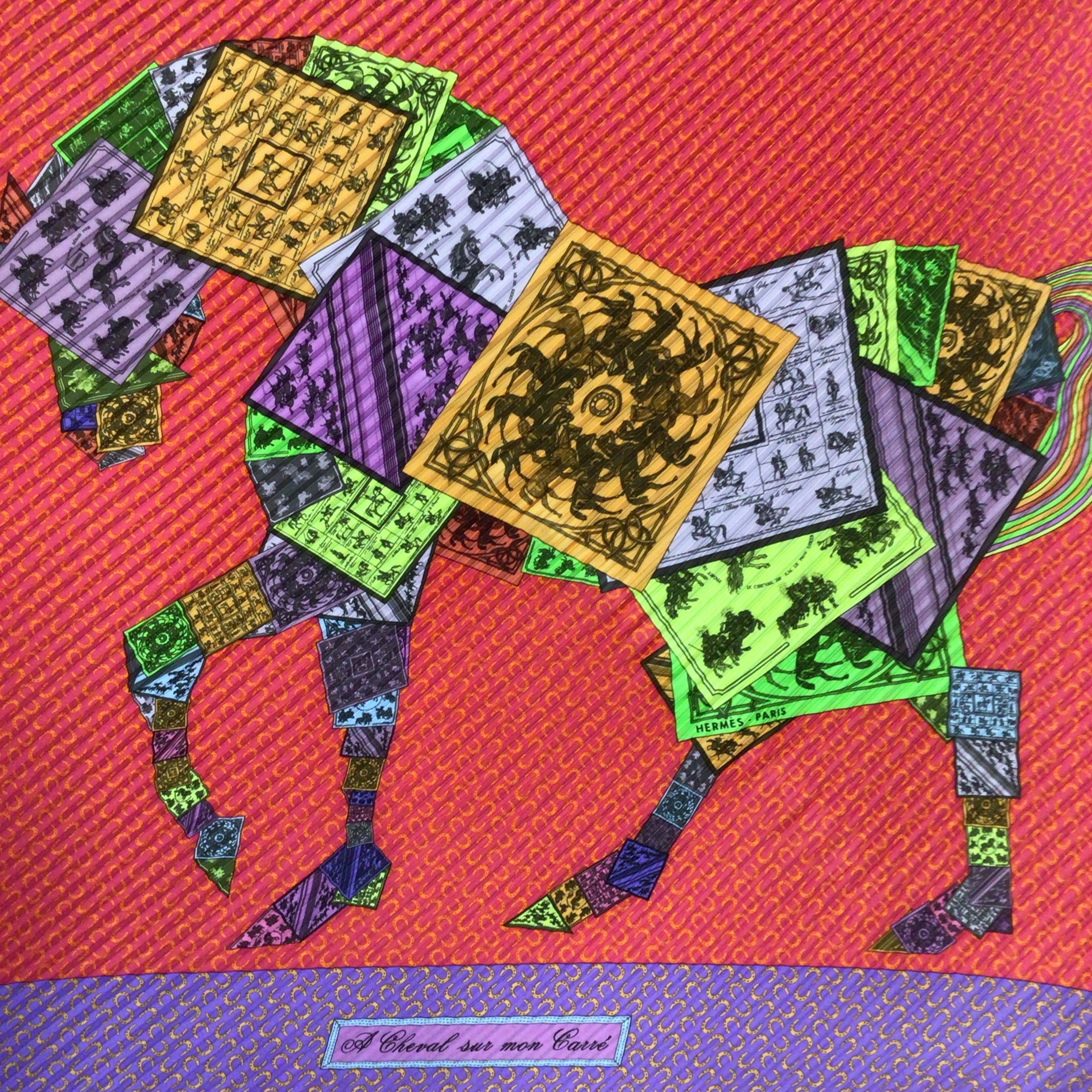 Hermes Pink / Purple Multi A Cheval sur mon Carre Plisse Pleated Silk Twill Scarf