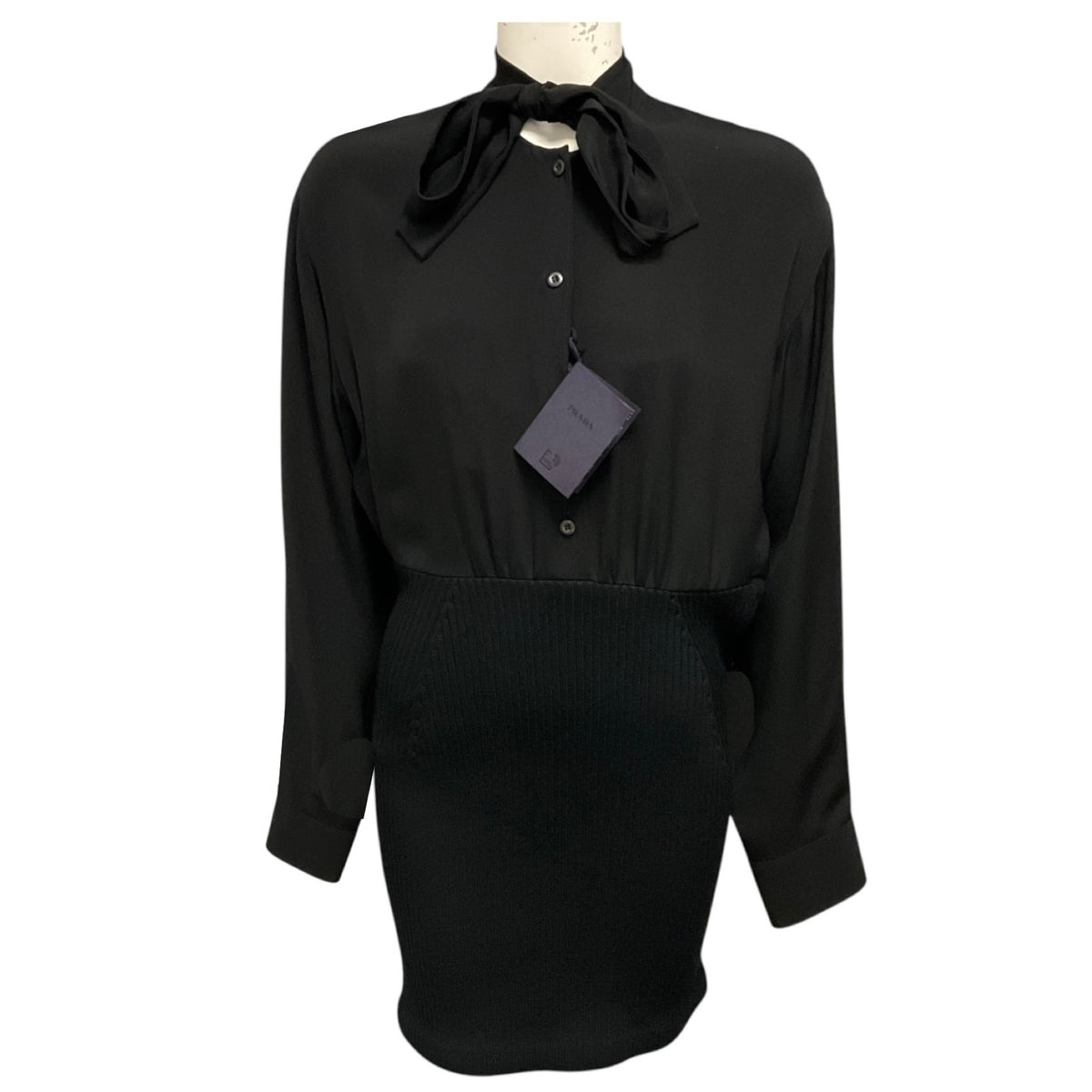 Prada Black Long Sleeved Silk Cady and Wool Knit Mini Dress
