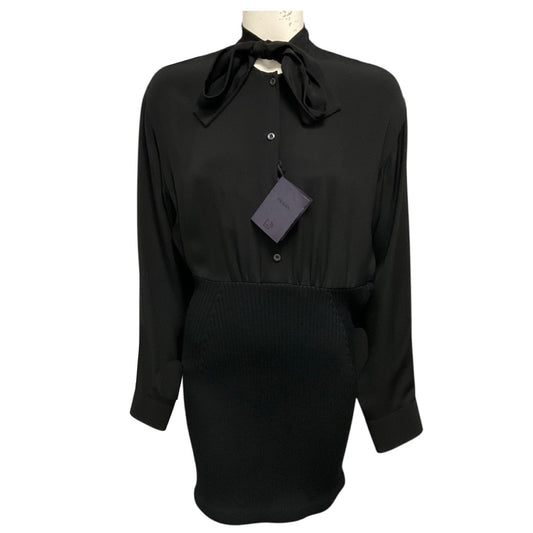 Prada Black Long Sleeved Silk Cady and Wool Knit Mini Dress
