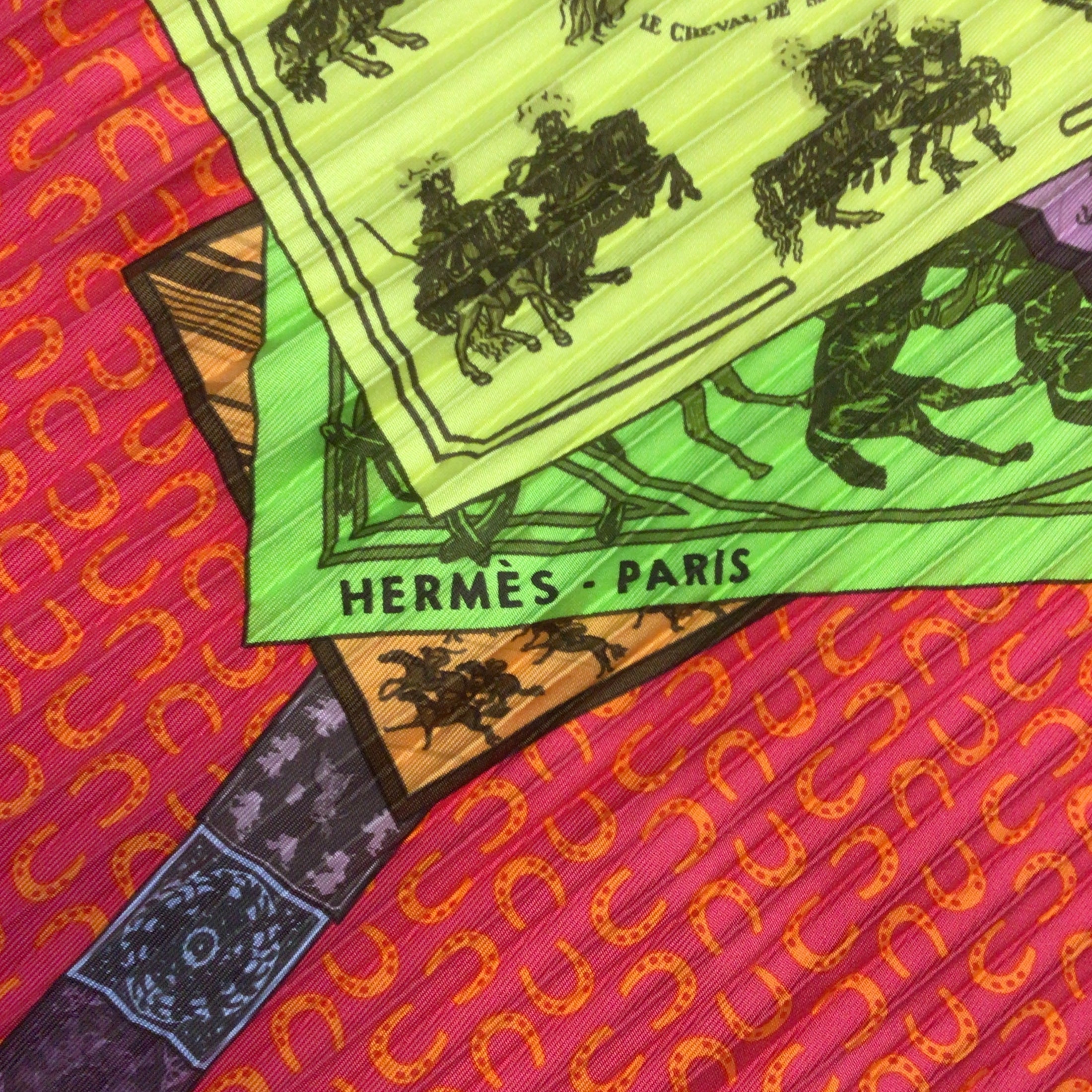 Hermes Pink / Purple Multi A Cheval sur mon Carre Plisse Pleated Silk Twill Scarf