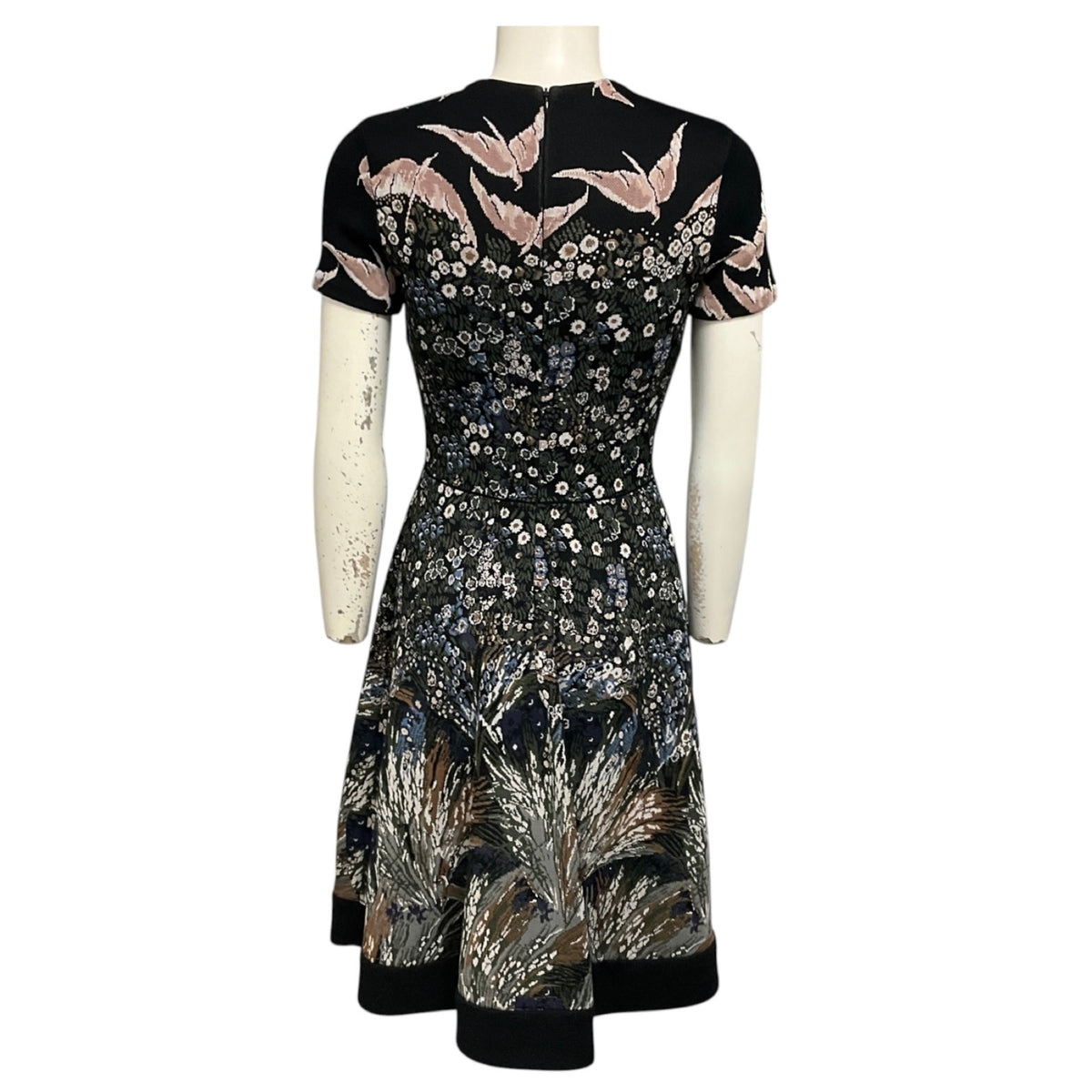 Valentino Black Multi Short Sleeved Floral and Bird Jacquard Flared Midi Dress