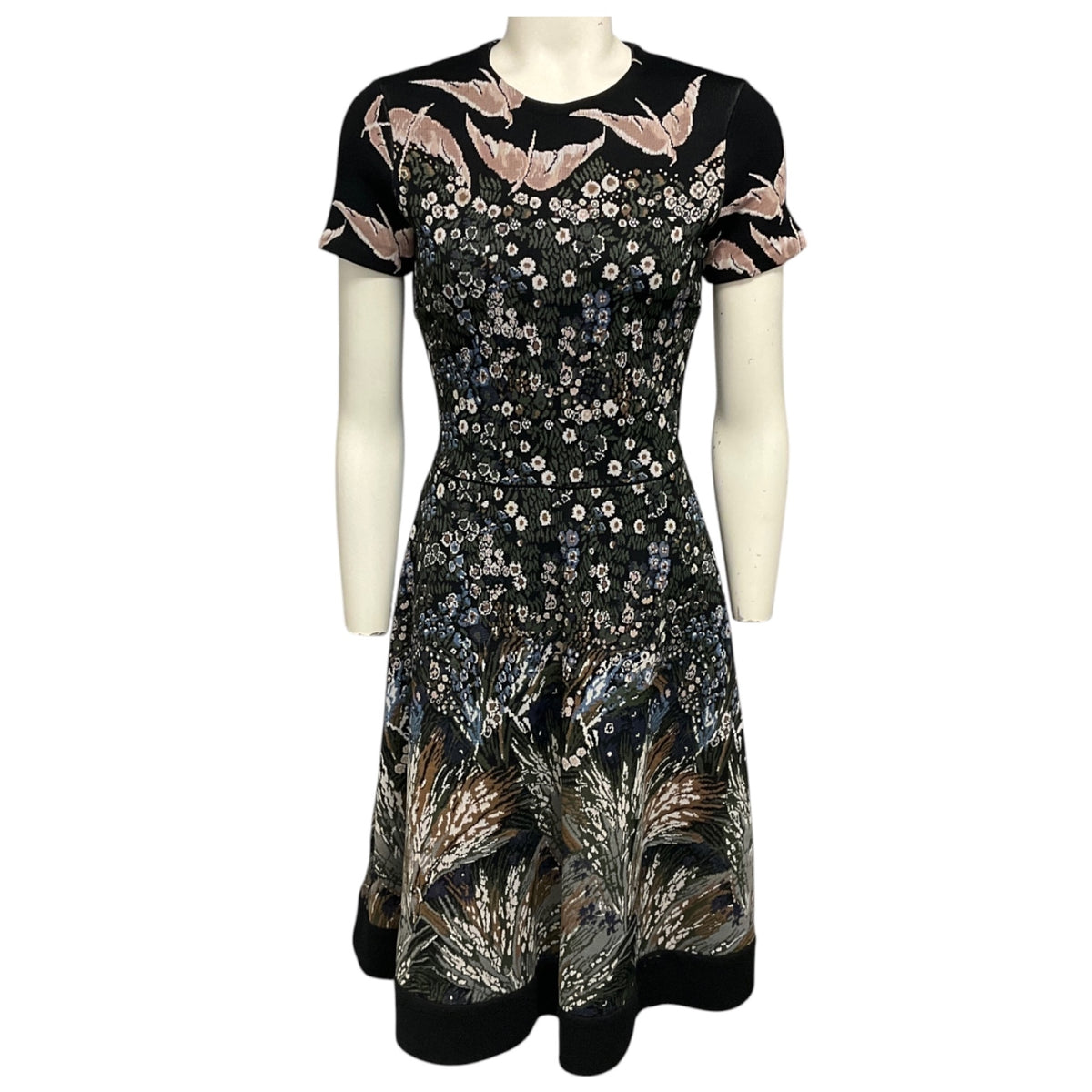 Valentino Black Multi Short Sleeved Floral and Bird Jacquard Flared Midi Dress