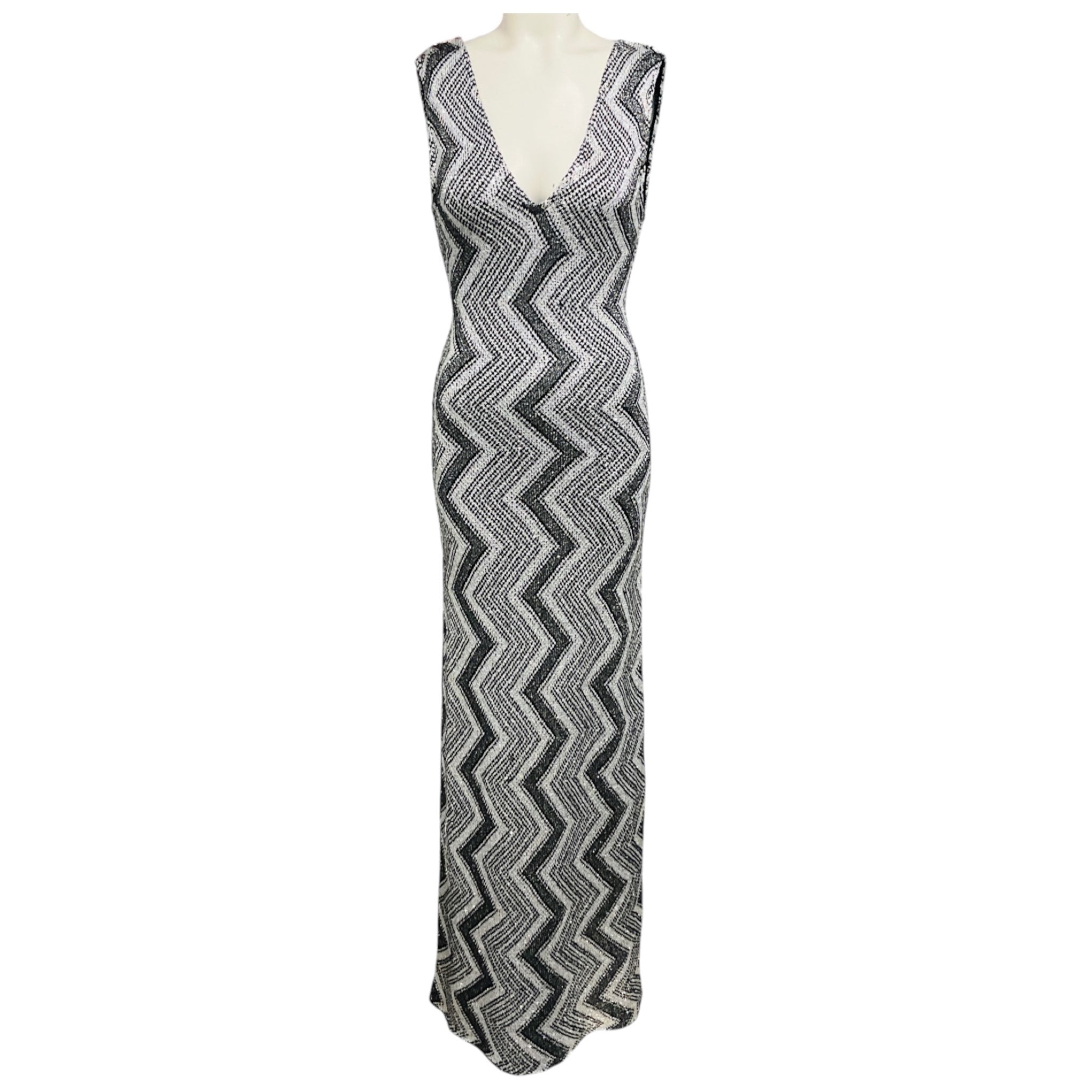 Missoni Silver / Black Metallic Chevron Paillette Knit Sleeveless Maxi Dress