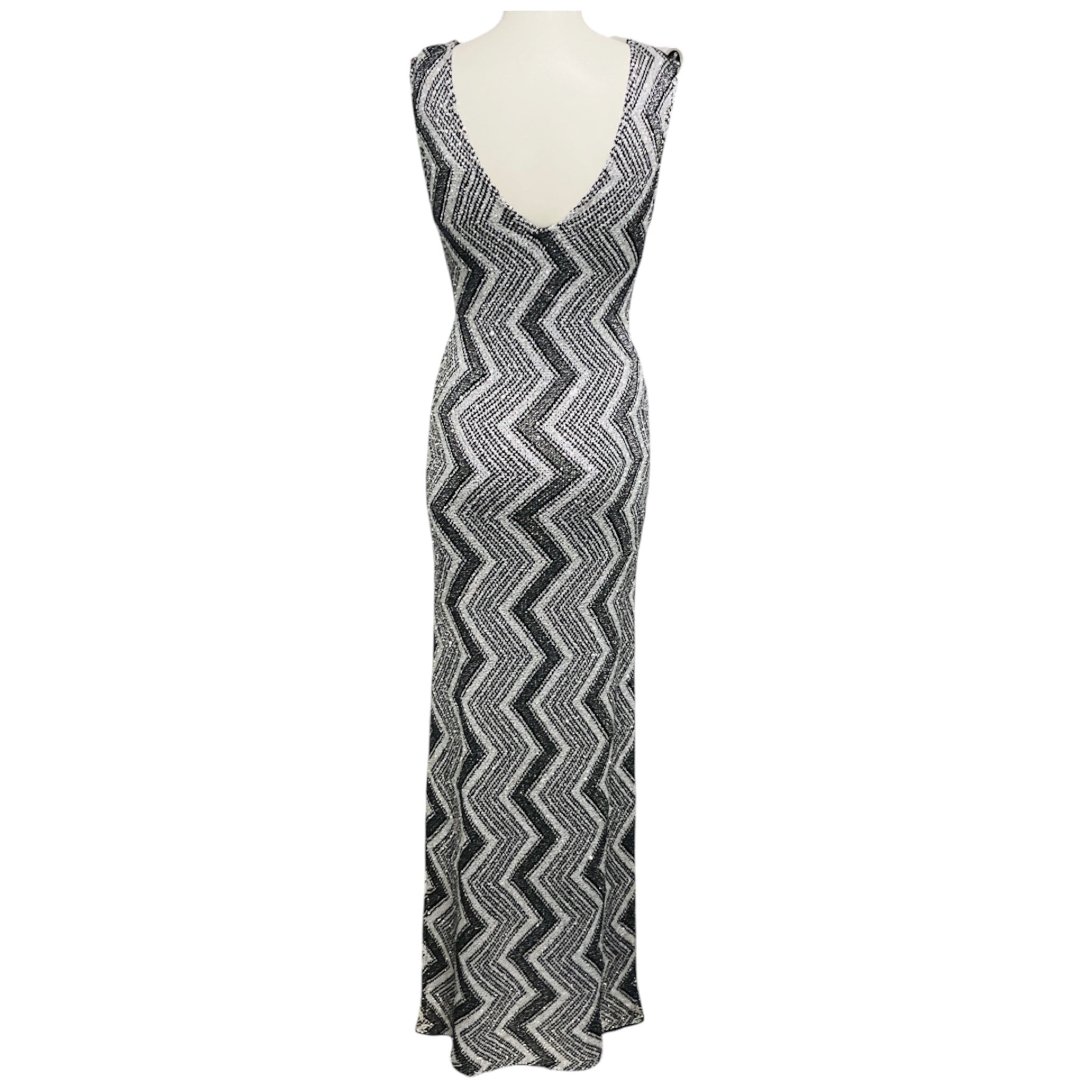 Missoni Silver / Black Metallic Chevron Paillette Knit Sleeveless Maxi Dress