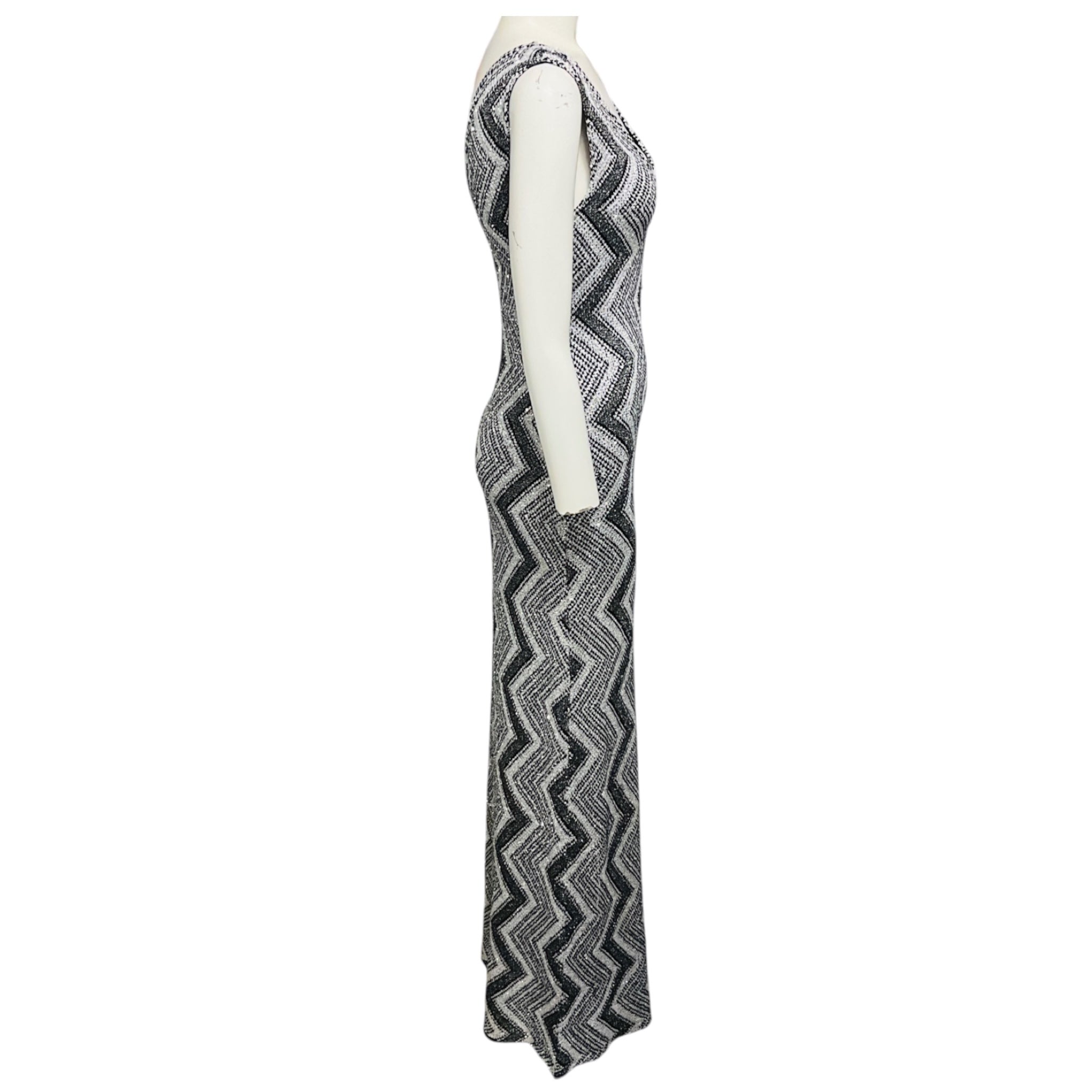 Missoni Silver / Black Metallic Chevron Paillette Knit Sleeveless Maxi Dress
