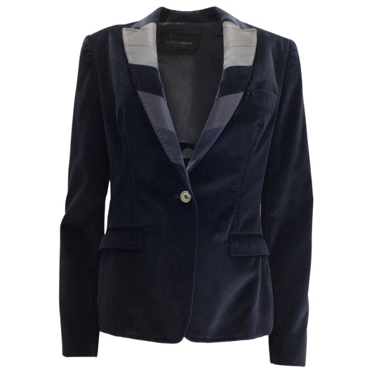 Dolce & Gabbana Navy Blue One-Button Tuxedo-Style Velvet Blazer