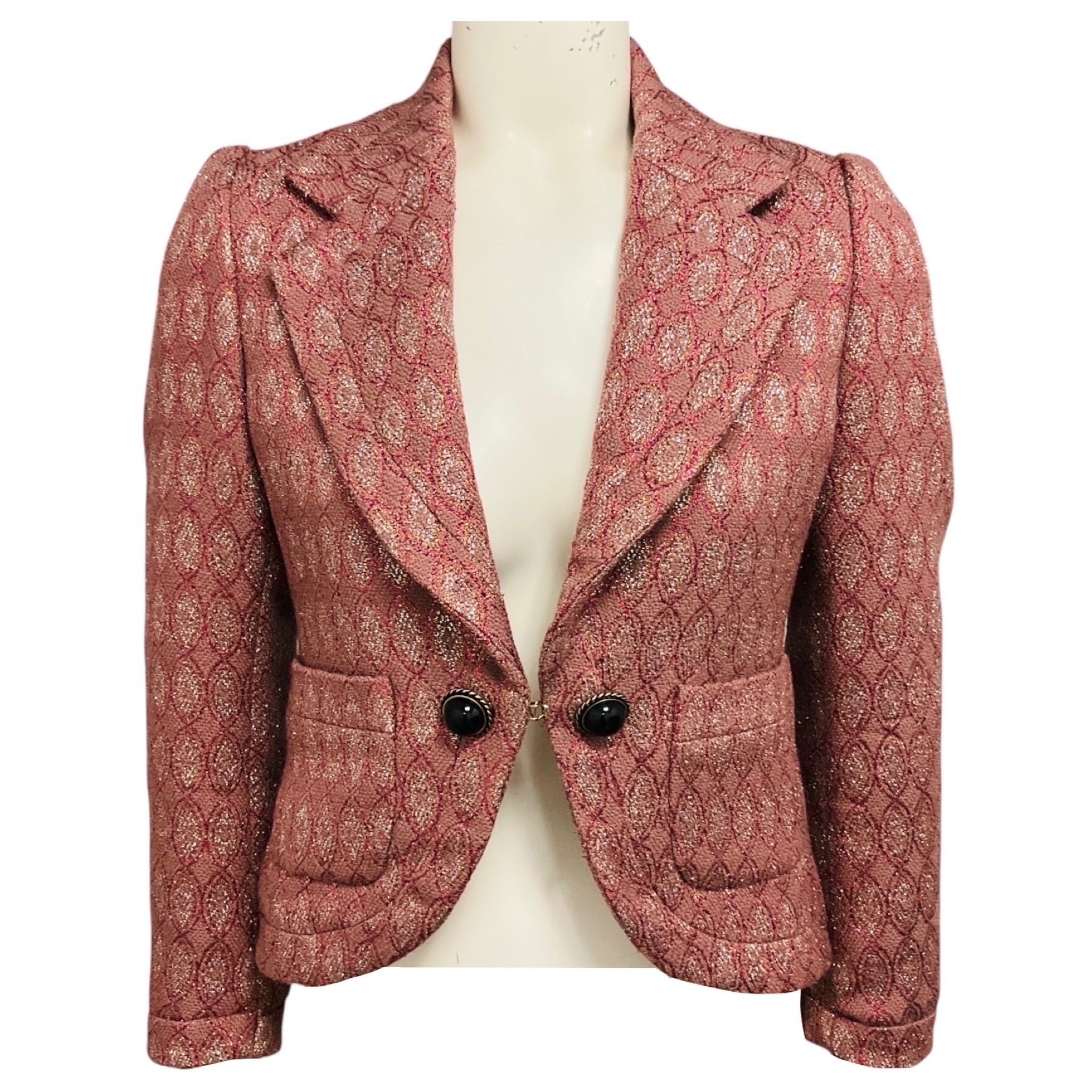 Roberto Cavalli Dusty Rose Metallic Wool Jacquard Jacket with Black Stone Buttons