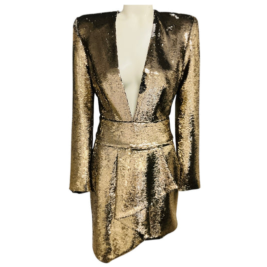 Alexandre Vauthier Gold Metallic Sequined Long Sleeved V-Neck Mini Cocktail Dress