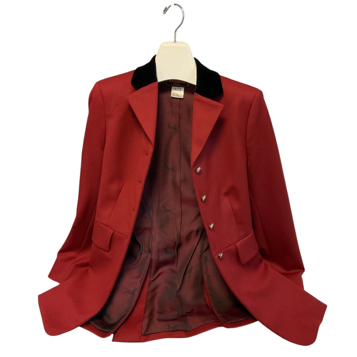 Hermes Brick Red Button Front Wool Riding Equestrian Jacket with Black Velvet Collar