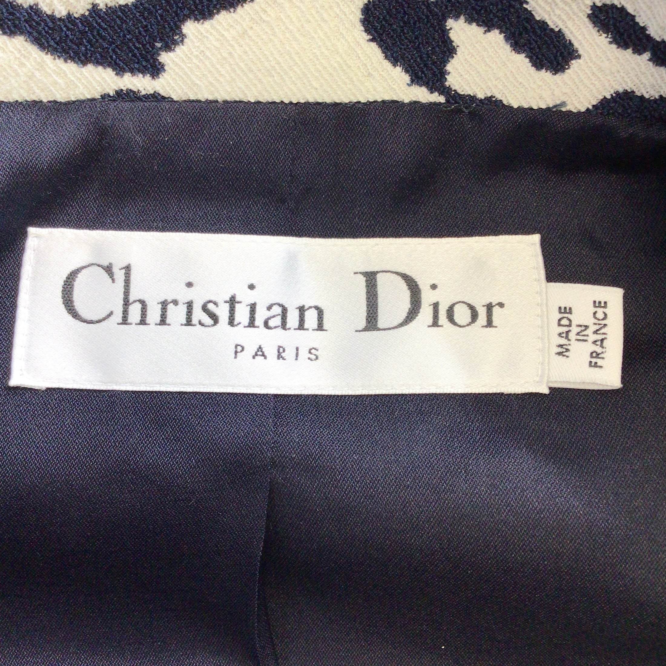 Christian Dior White / Navy Blue Animal Print Zip-Front Coat