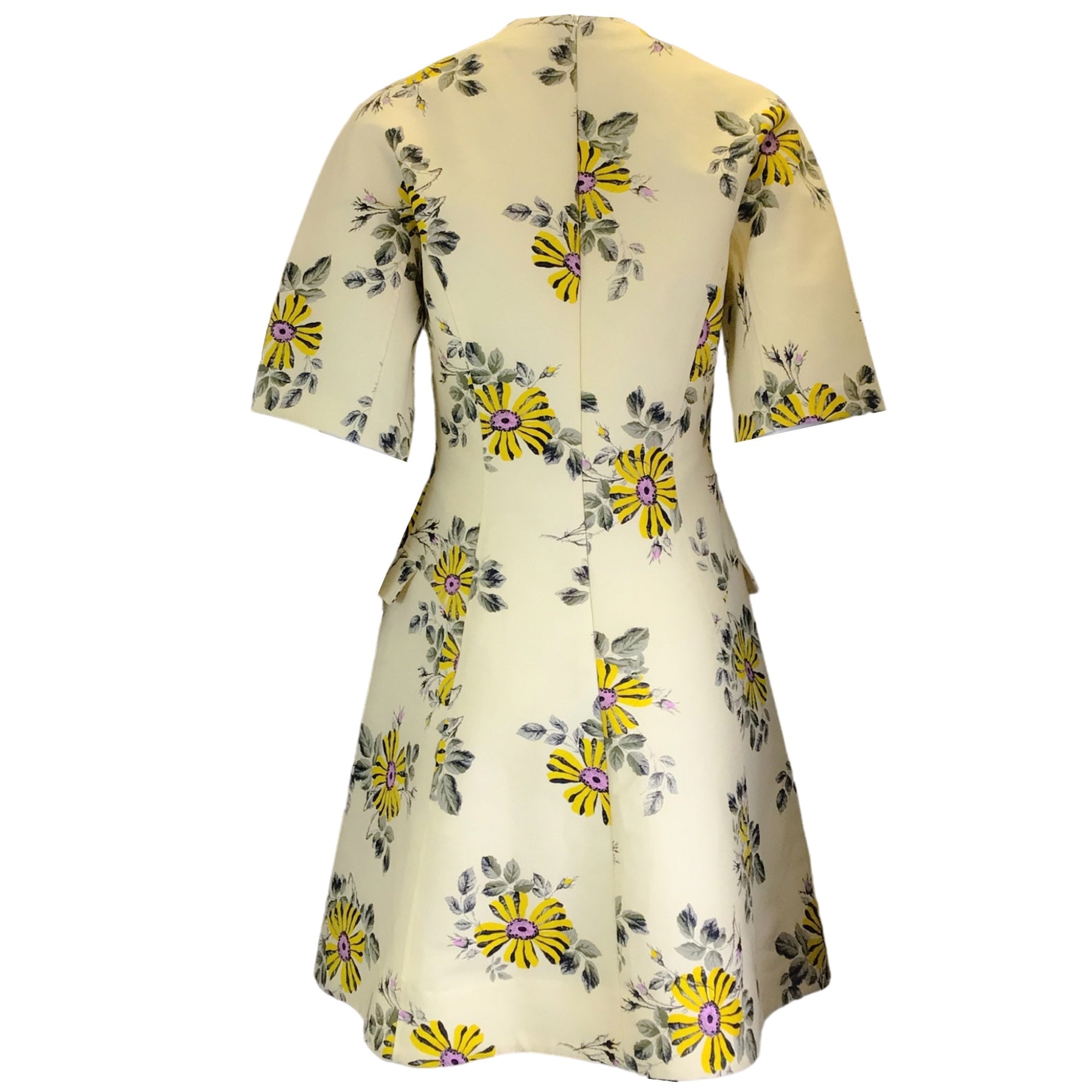 Lela Rose Cream / Yellow / Pink Multi Floral Printed Short Sleeved V-Neck Flared Cotton Dress