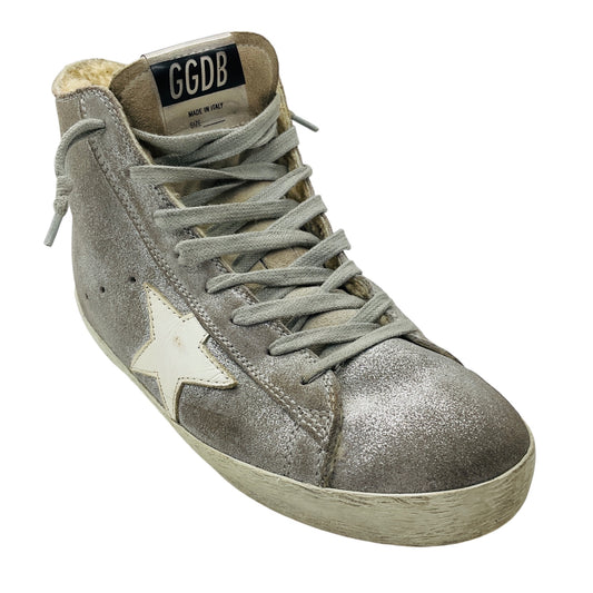 Golden Goose Deluxe Brand Silver Glitter Suede and Shearling Lined Francy High Top Sneakers