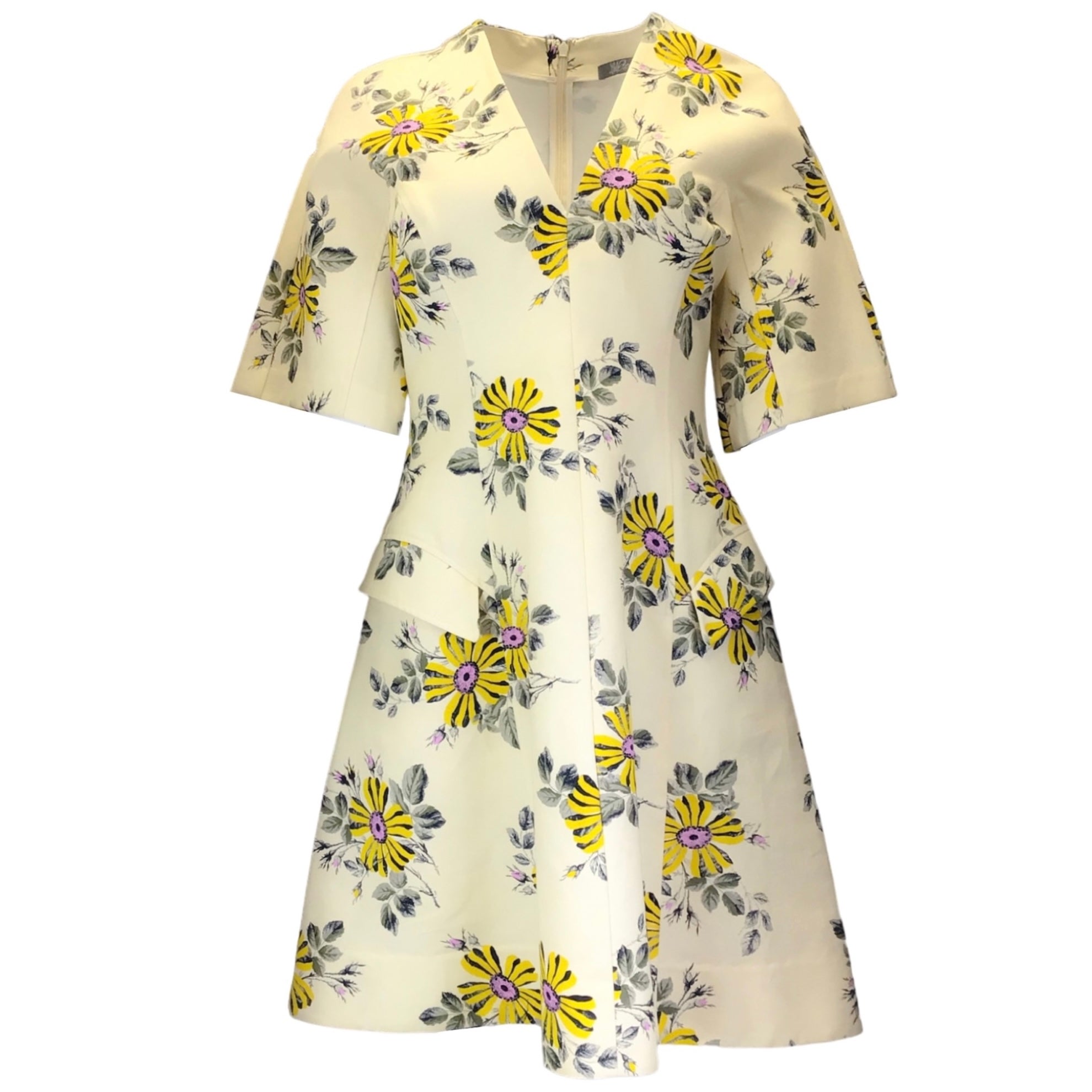 Lela Rose Cream / Yellow / Pink Multi Floral Printed Short Sleeved V-Neck Flared Cotton Dress