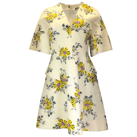 Lela Rose Cream / Yellow / Pink Multi Floral Printed Short Sleeved V-Neck Flared Cotton Dress