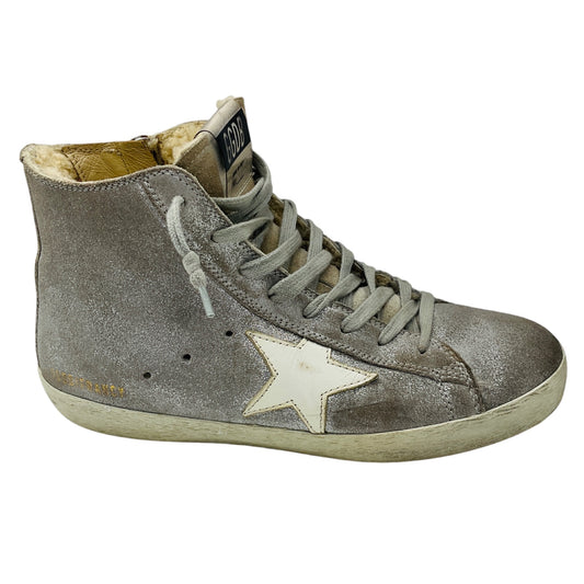 Golden Goose Deluxe Brand Silver Glitter Suede and Shearling Lined Francy High Top Sneakers